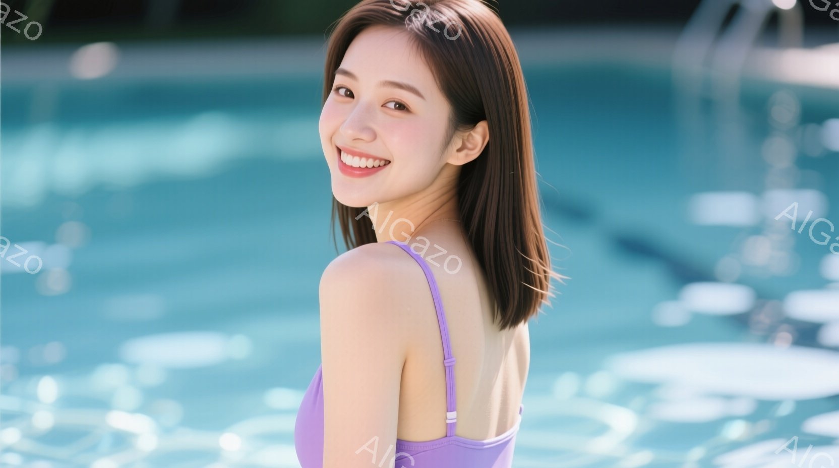 紫色の水着を着た若い女性が、穏やかな笑顔でこちらを見ている。彼女は肩を少し傾け、左手をカメラの方へ伸ばしたポーズをとっており、髪は肩にかかる程度の長さで、艶やかにストレートに伸びている。背景には水面の - AI生成フリー素材