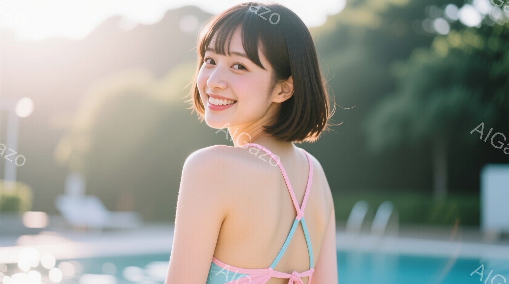 ショートヘアの女性が、ピンクと水色の水着を着て、プールサイドでこちらを見ながら微笑んでいます。彼女の姿勢はリラックスしており、背景には水とぼやけた緑の植物が見え、晴れた日の穏やかな雰囲気が漂っています - AI生成フリー素材