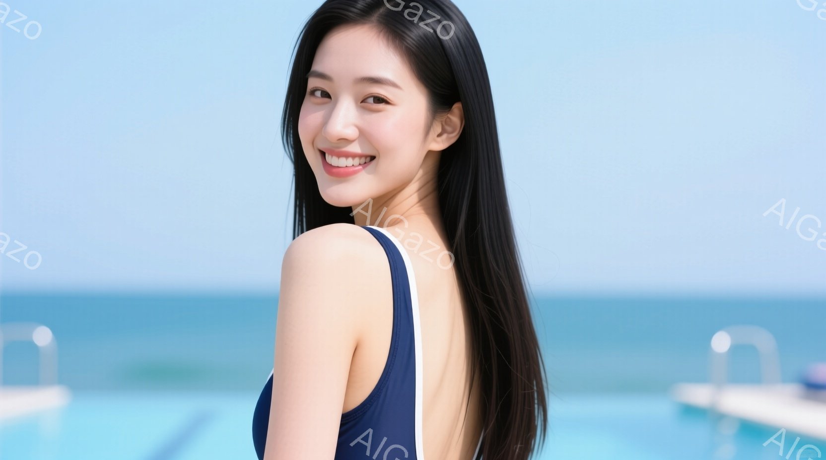 長い黒髪を後ろに流し、紺色のストラップ付き水着を着た若い女性が写っています。彼女は微笑んでおり、カメラの方を少し振り返っています。背景には青いプールとわずかに見える白い建物があり、晴れた日のリゾート地の雰囲気です。