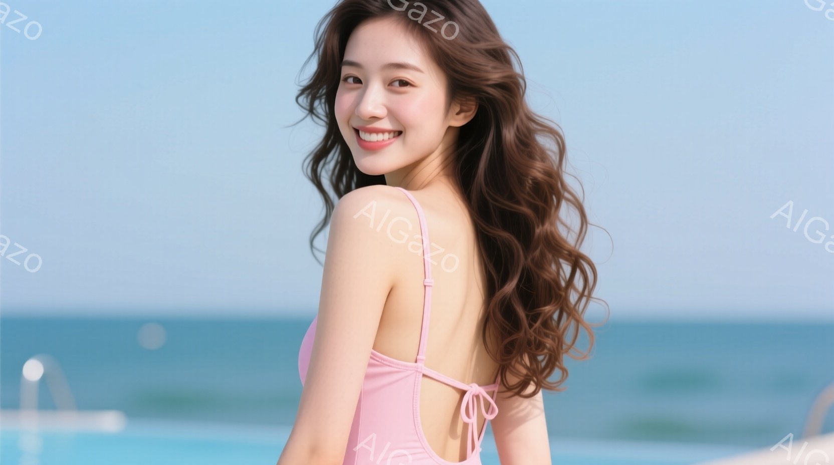 明るいピンク色の水着を着た女性が、海を背景に微笑んでいます。彼女は髪をゆるく巻いており、肩越しにカメラを見ています。背景には青い海とプールの水面が見え、晴れた日のリゾート地のような雰囲気が漂っています - AI生成フリー素材