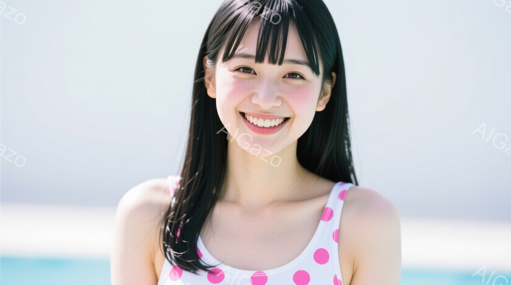 長い黒髪で前髪が目にかかる女性が、白い水玉模様のワンピースを着て微笑んでいます。彼女はカメラに向かって少し顔を傾けており、明るい表情で親しみやすい印象を与えます。背景は青い海と空で、晴れた日のビーチリ - AI生成フリー素材