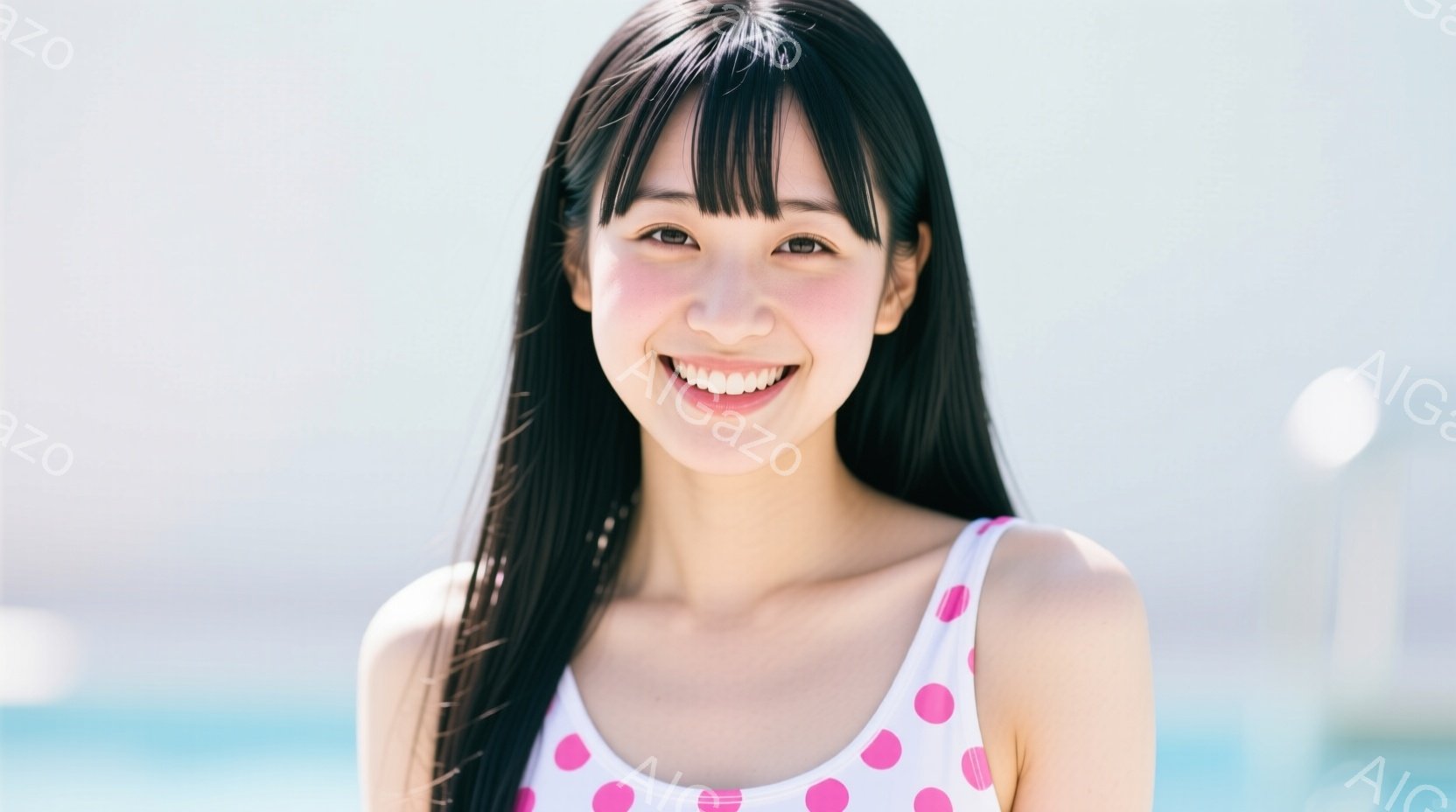 長い黒髪で、前髪は眉毛にかかるように切り揃えられています。ピンクと白のドット柄の水着を着て、満面の笑顔を浮かべています。背景は青い空と海で、晴れた日のリゾート地のような雰囲気です。