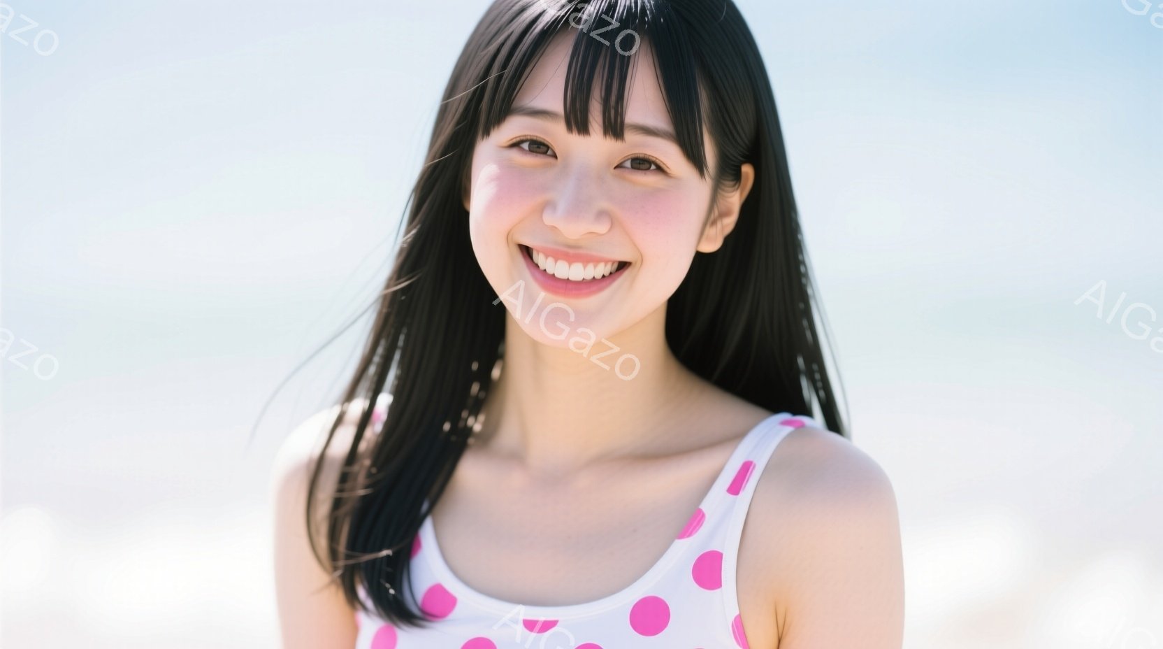 黒髪の女性が、ピンク色の水玉模様のワンピースを着て、満面の笑顔でこちらを見ている。彼女は少し頬を赤らめ、明るい表情で、リラックスした雰囲気である。背景は白く、おそらくビーチで、晴天の下、彼女の笑顔が際 - AI生成フリー素材