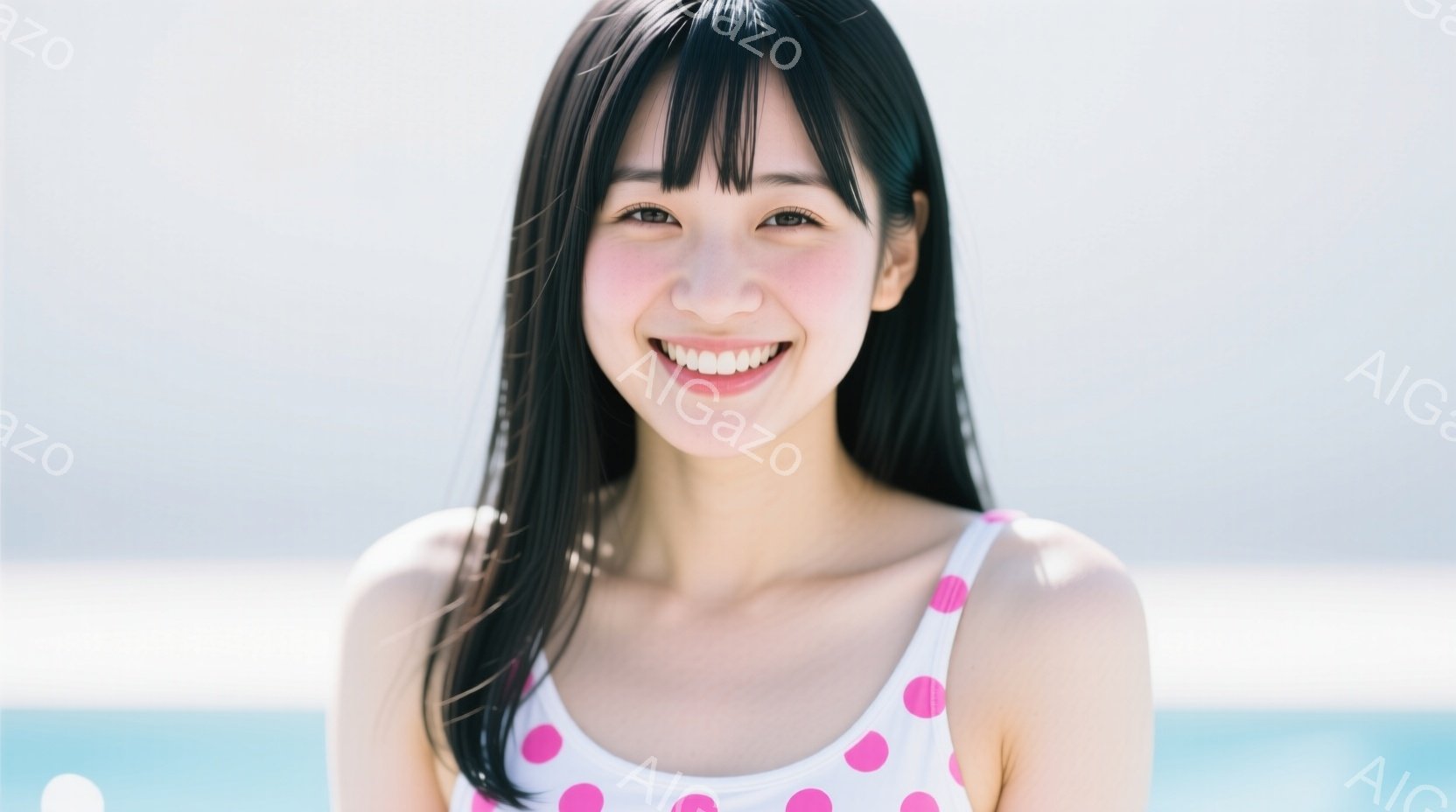 明るい笑顔を見せる若い女性が写っています。彼女はピンクの水玉模様の白い水着を着ており、長い黒髪を肩にかけ、正面を見ています。背景にはぼやけた青い海と空が広がり、晴天のビーチでのリラックスした雰囲気を醸 - AI生成フリー素材