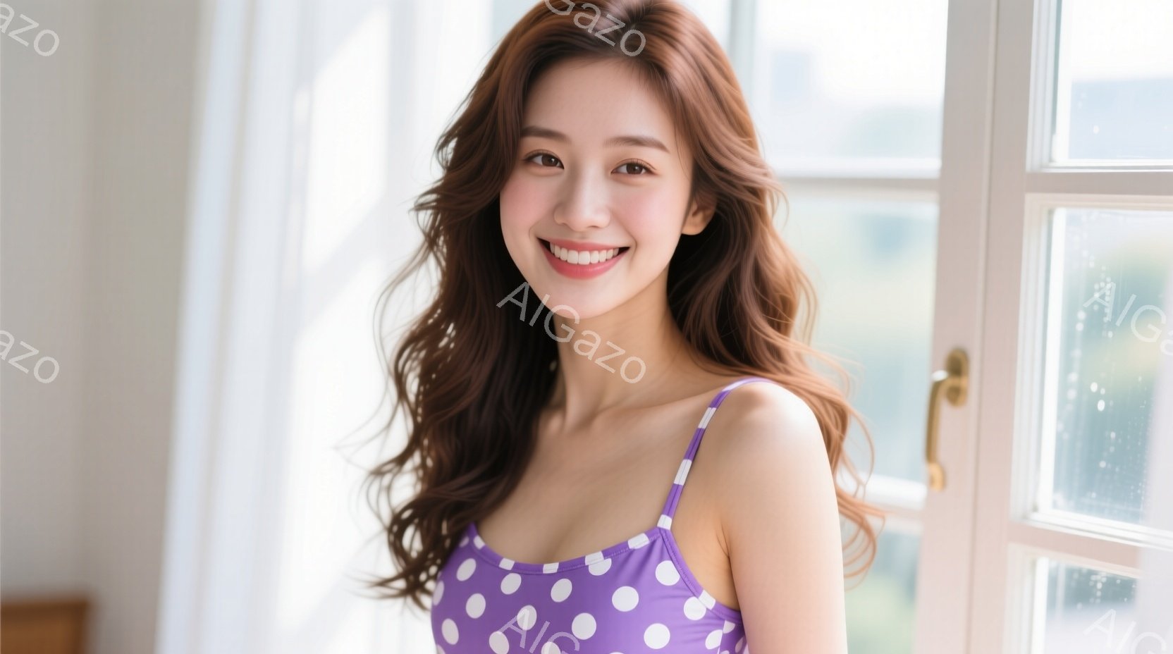 明るい紫色の水玉模様のキャミソールワンピースを着た女性が写っています。彼女は長い茶色の髪を無造作に垂らし、満面の笑みを浮かべてカメラに向かって微笑んでいます。背景には窓と白い壁があり、明るく穏やかな雰囲気が漂っています。