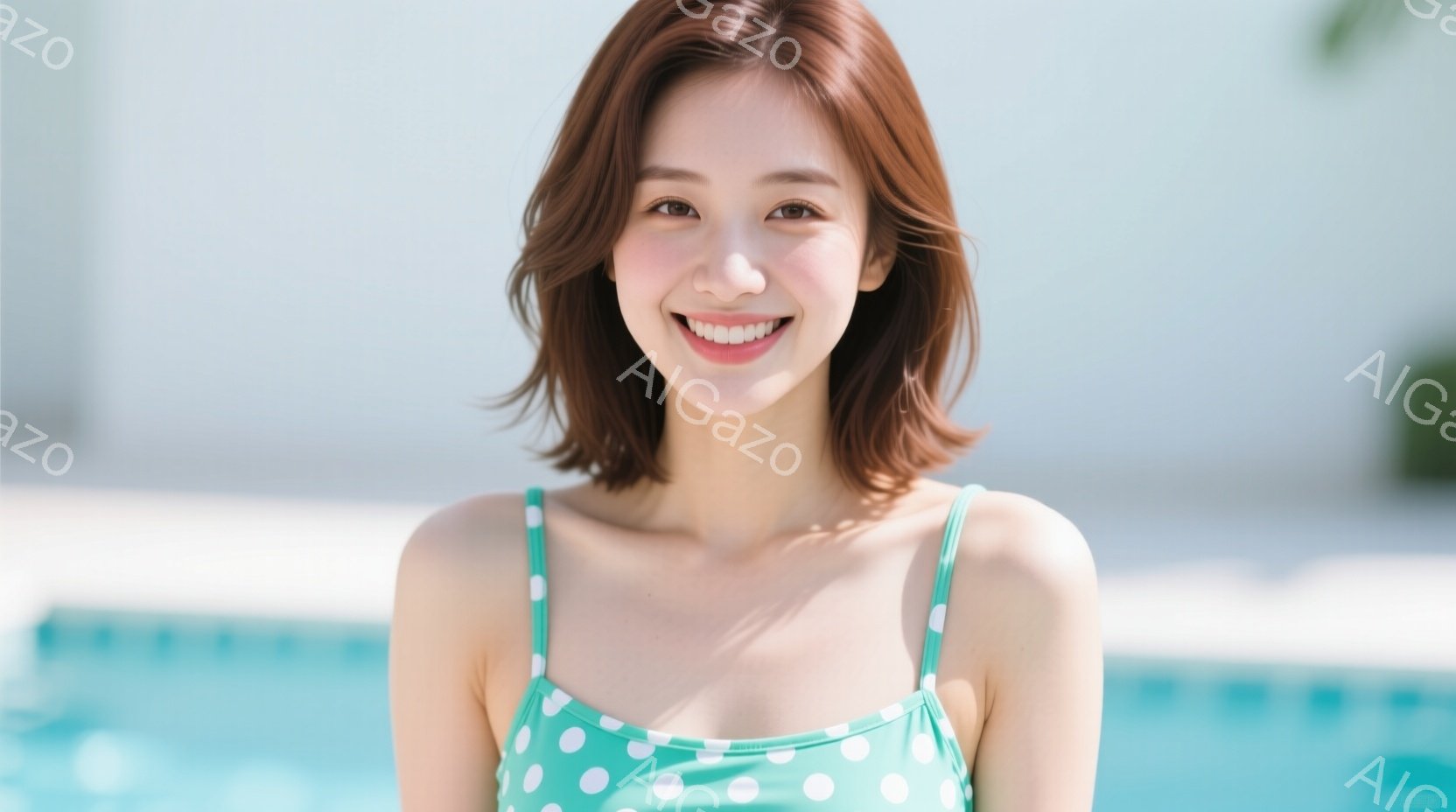 明るい笑顔の女性が、水色のドット柄の水着を着て正面を向いています。肩まで届く茶髪を軽く外側にカールさせ、リラックスした表情でポーズをとっています。背景には水色の水面が広がり、晴れた日のプールサイドで撮影された写真のようです。