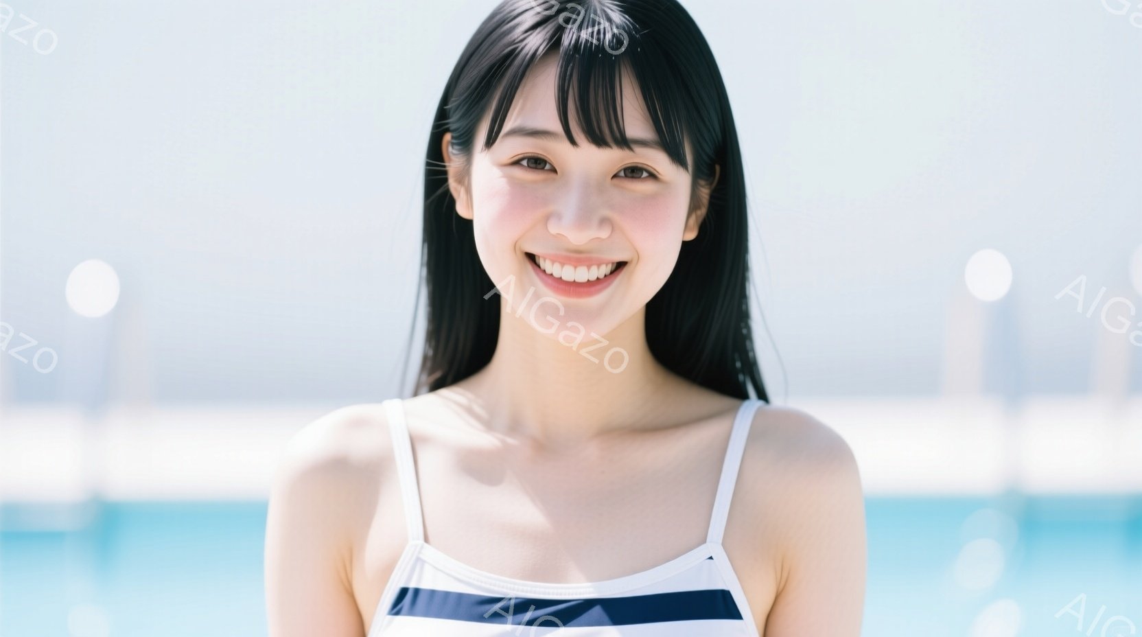 黒髪で前髪ぱっつんの女性が、白い水色のラインが入った水着を着て微笑んでいます。彼女は正面を向き、わずかに上体を傾けており、明るく晴れた屋外で、水色の背景が見えます。全体的に明るく、爽やかな雰囲気で、夏 - AI生成フリー素材
