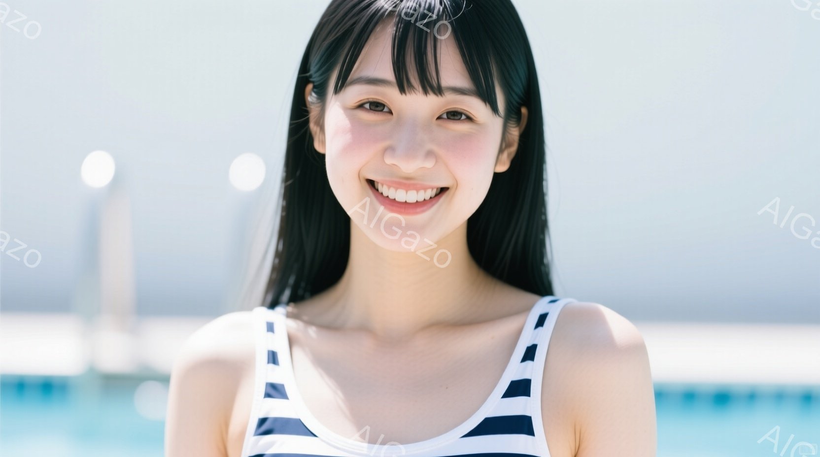 黒髪の女性がカメラに向かって微笑んでいます。彼女は白い地に紺色のストライプが入った水着を着ており、髪は肩にかかる長さでストレートです。背景は水色の水面と白いプールの縁が見え、晴れた日の穏やかな雰囲気が - AI生成フリー素材