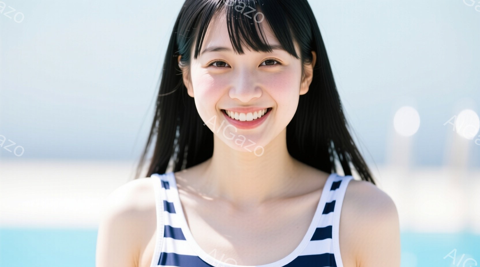 ストライプのビキニを着た若い女性が、カメラに向かって明るく微笑んでいます。彼女は黒いストレートヘアで、背景には青い水面とぼやけた都市の建物が見えます。全体的に、夏らしく爽やかな雰囲気で、晴れた日のリゾ - AI生成フリー素材