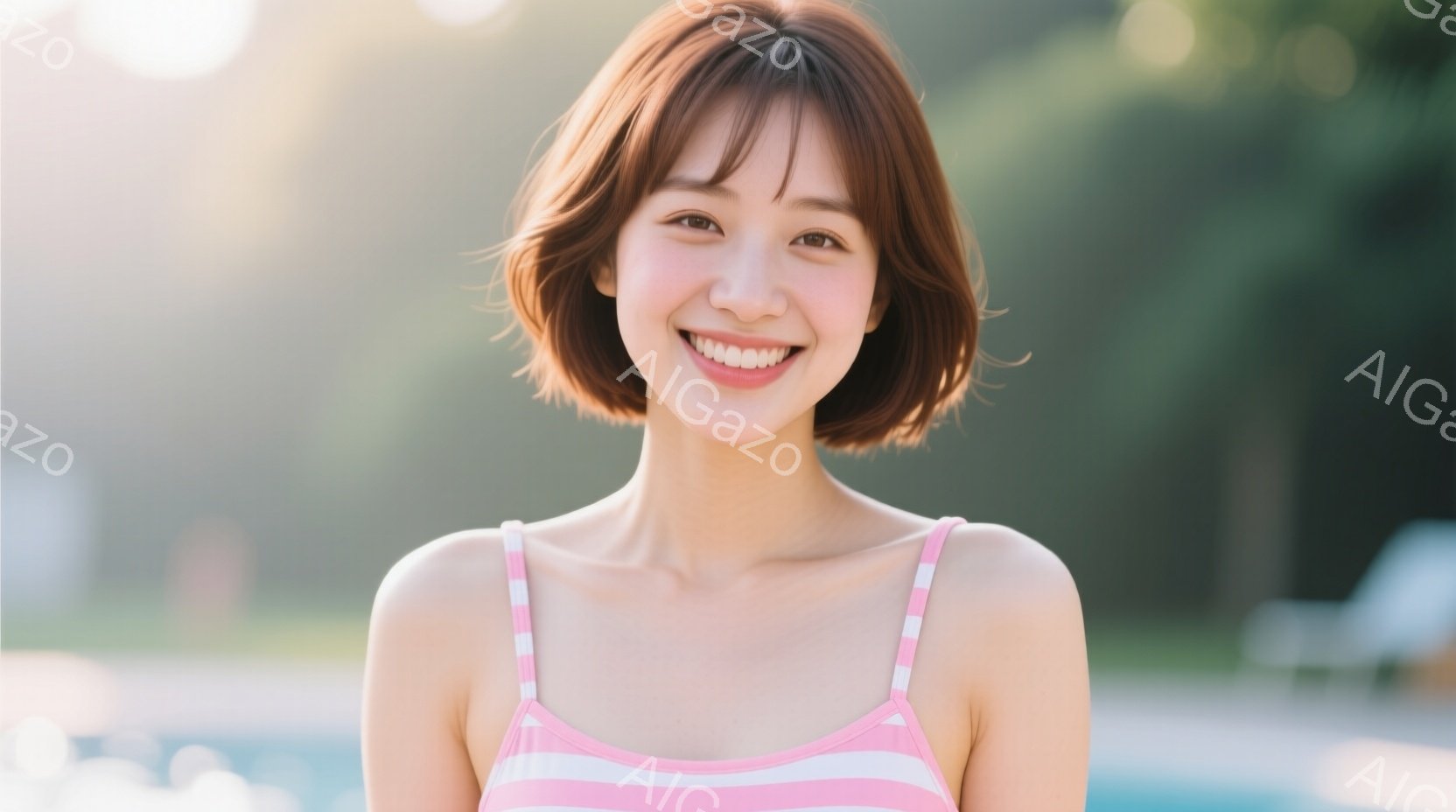 若い女性が正面を向いて微笑んでいます。彼女はストライプのピンクと白のキャミソールを着ており、肩まで届く茶色のヘアスタイルで、前髪は軽くカールしています。背景はぼやけていますが、プールのような水辺と緑豊 - AI生成フリー素材