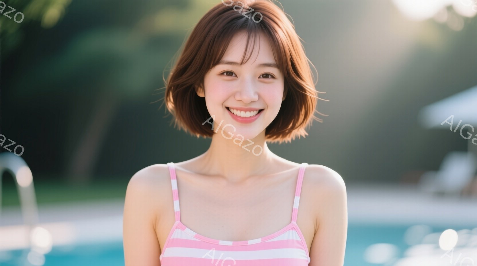 縞模様のピンクと白のビキニを着た女性が、カメラに向かって微笑んでいます。彼女は肩までの長さの茶髪で、少しカールがかかっています。背景には青いプールと緑の植物があり、晴れた日のリゾート地のような雰囲気で - AI生成フリー素材