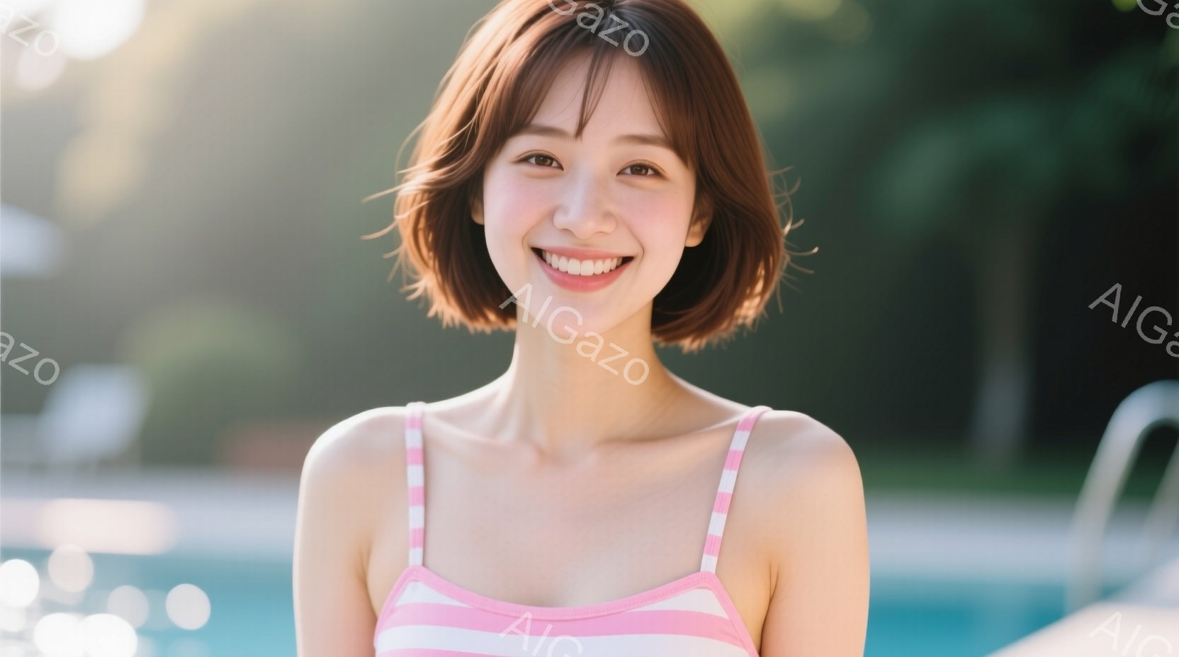 若い女性が微笑みながら正面を見ている。彼女はピンクと白のストライプのビキニを着ており、茶色の短いボブヘアに整えられている。背景にはぼやけたプールと緑豊かな植物が見え、明るく晴れた日の穏やかな雰囲気を醸 - AI生成フリー素材