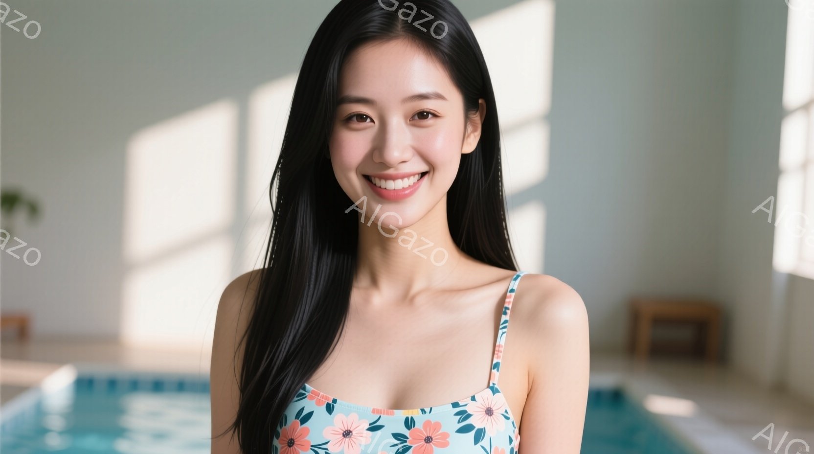 長い黒髪を後ろに流した女性が、水色の花柄のワンピース水着を着て笑顔でこちらを見ている。彼女はプールサイドに立っており、水面が背景に見える。明るい光が差し込み、全体的に爽やかでリラックスした雰囲気が漂っている。