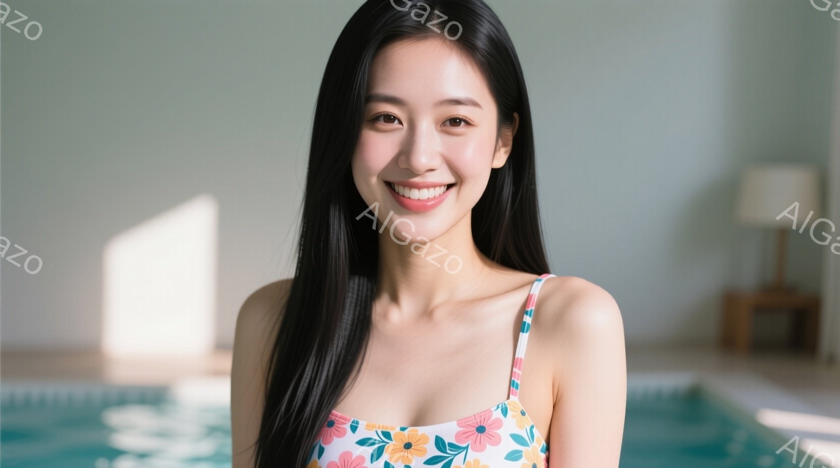 長い黒髪をストレートに伸ばした女性が、花柄のワンピース水着を着て微笑んでいます。彼女は正面を向いており、少し上目遣いで明るい表情をしています。背景は薄い水色の壁と、水面が広がるプールで、全体的に爽やか - AI生成フリー素材