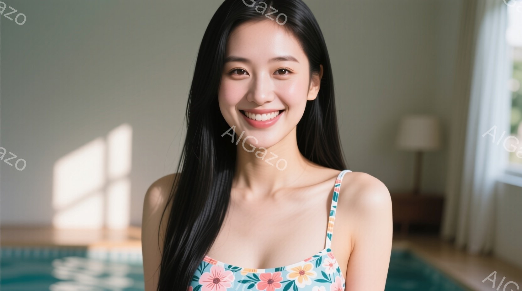 長い黒髪をなびかせ、花柄の水着を着た女性が微笑んでいます。彼女は正面を向き、明るい表情でカメラを見ています。背景には、プールの水面と、明るい光の差し込む室内が見え、リラックスした雰囲気が漂っています。 - AI生成フリー素材