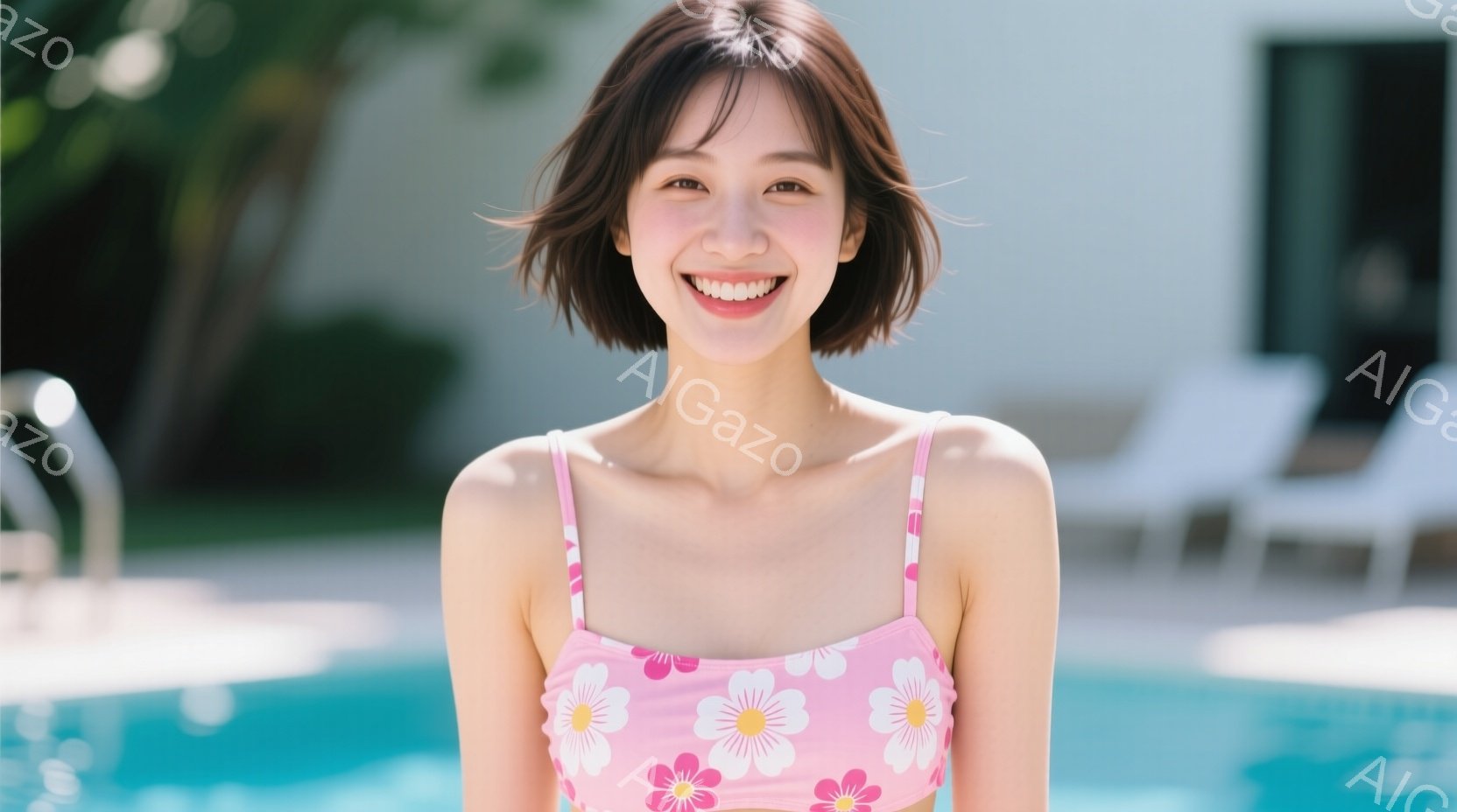 明るい笑顔を浮かべた若い女性が写っている。ピンク色の花柄の水着を着ており、肩まで切り揃えられた髪型は、軽快で動きがある。背景にはプールの水面と白いデッキチェア、そして緑豊かな植物が見え、晴れた日のリゾート地のような雰囲気である。