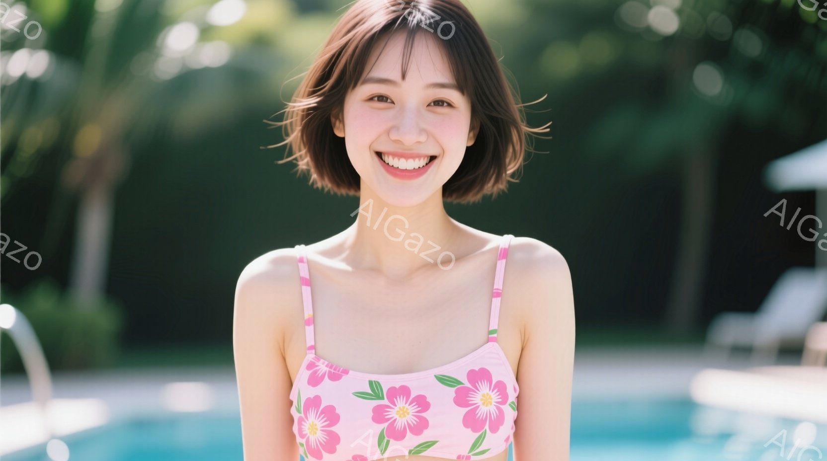 明るいピンク色の花柄のビキニを着た若い女性が写っている。彼女は肩まで切り揃えられたダークブラウンの髪を持ち、満面の笑みを浮かべてカメラを見つめている。背景には青いプールと緑豊かな植物が見え、晴れた日の - AI生成フリー素材