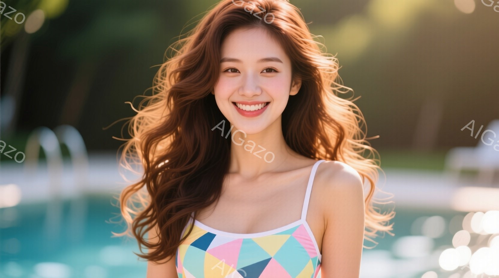 長い茶色の巻き毛の女性が、幾何学模様の明るい水着を着て微笑んでいます。彼女は風に吹かれ、髪が顔の周りを舞っています。背景には青いプールと緑豊かな植物が見え、晴れた暖かい日のリラックスした雰囲気を醸し出 - AI生成フリー素材