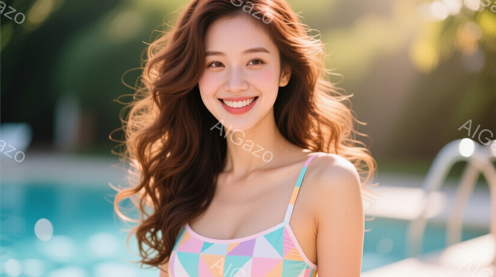 明るい水色のストライプと幾何学模様のワンピース水着を着た若い女性が写っています。彼女は長い茶色の巻き毛の髪を持ち、顔には満面の笑みが浮かんでいます。背景には青いプールとぼやけた緑があり、明るい日差しが差し込み、爽やかでリラックスした雰囲気を醸し出しています。