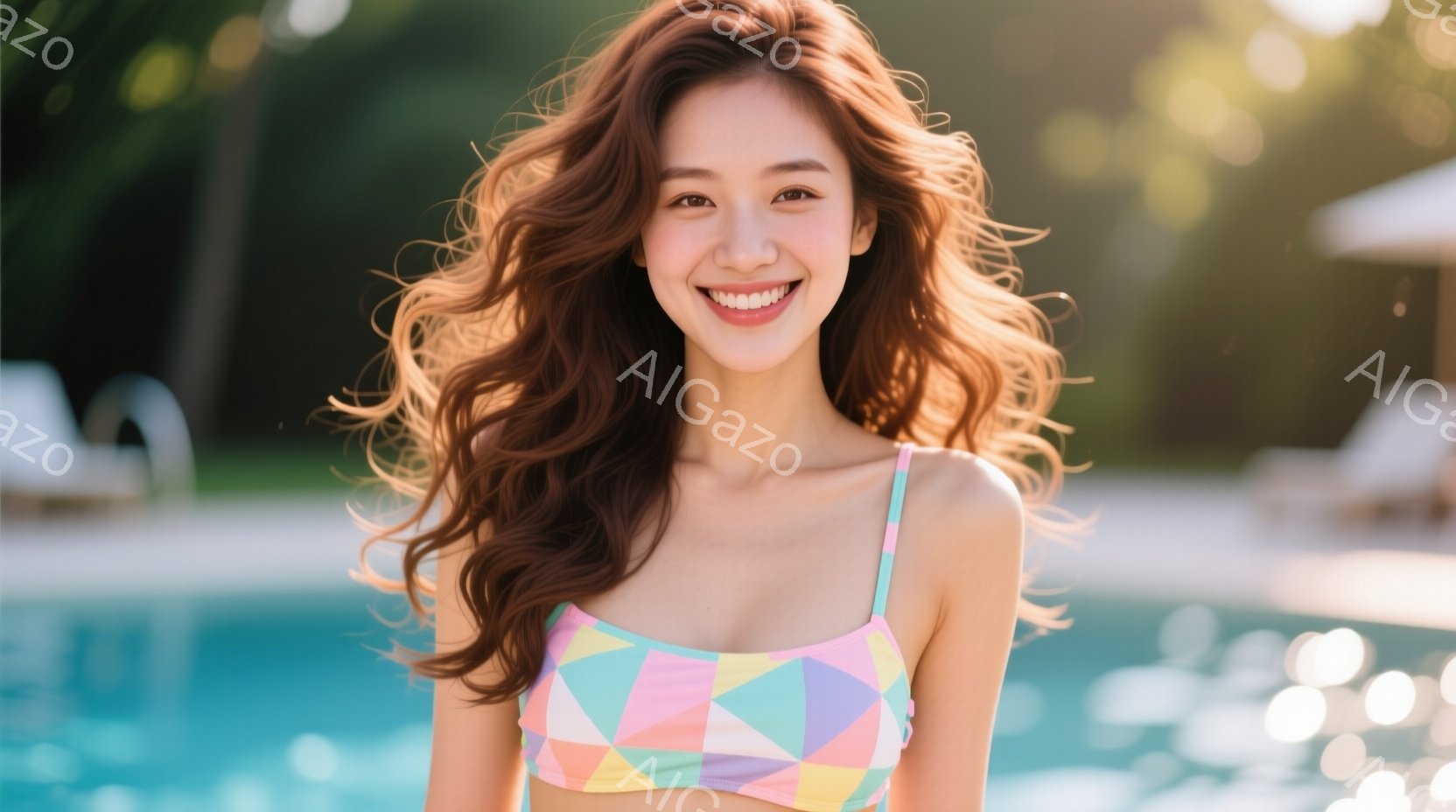 明るい笑顔を浮かべた女性が写っています。彼女は、幾何学模様のピンク、紫、水色のビキニトップを着ており、長く巻き毛の茶髪が風になびいています。背景には青いプールと緑豊かな木々が見え、晴れた日のリゾート地のような雰囲気が漂っています。