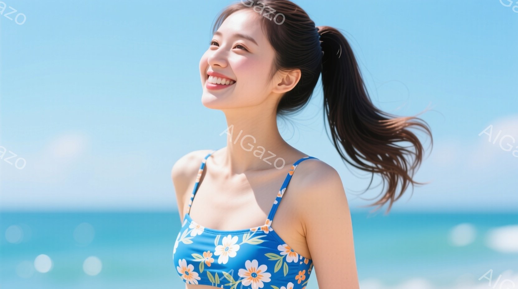 明るい青色の花柄のビキニを着た女性が写っています。彼女は髪を高くポニーテールにしており、満面の笑みを浮かべて遠くを見つめています。背景には、青い海と空が広がり、晴れた日差しの中でリラックスした雰囲気が - AI生成フリー素材