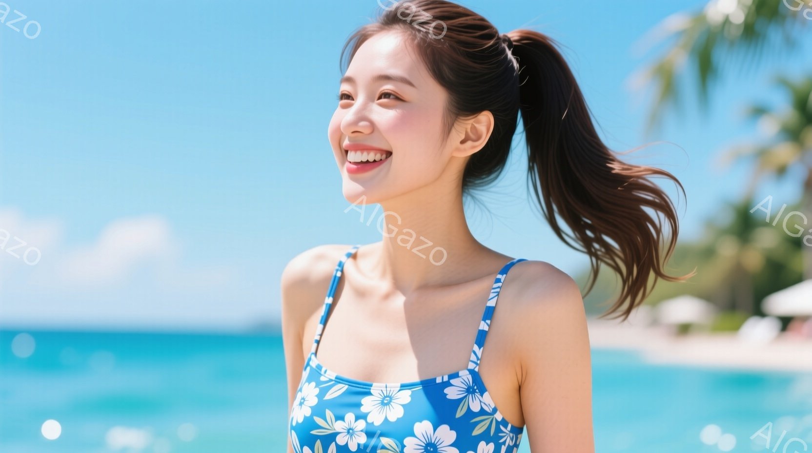 明るい青色の花柄の水着を着た女性が、海辺で微笑んでいます。髪は高くポニーテールに結われ、表情はリラックスしていて幸せそうです。背景にはターコイズブルーの海と白い砂浜、そしてヤシの木が見え、晴天のビーチ - AI生成フリー素材