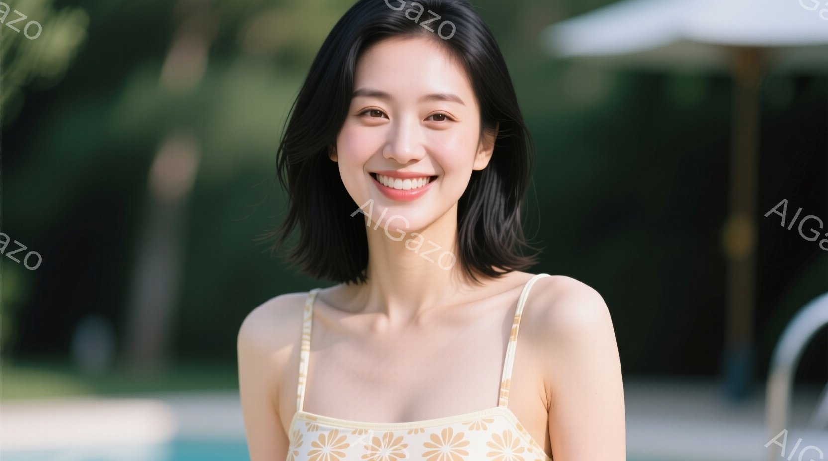 明るい笑顔を浮かべた若い女性が写っている。彼女は黄色の花柄が特徴的なキャミソールワンピースを着ており、短めの黒髪が肩にかかっている。背景には青いプールと緑豊かな木々が見え、晴れた日のリラックスした雰囲気が漂っている。