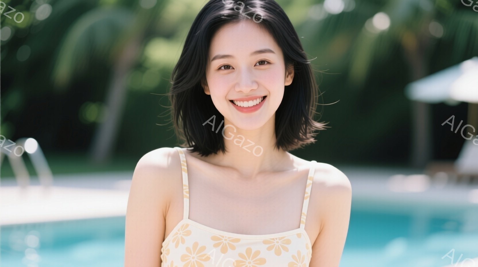 明るい笑顔を見せる若い女性が写っている。彼女はクリーム色の花柄のワンピースを着ており、肩を覆うストラップが付いている。背景には青いプールと緑豊かな植物が見え、晴れた日のリラックスした雰囲気を醸し出して - AI生成フリー素材