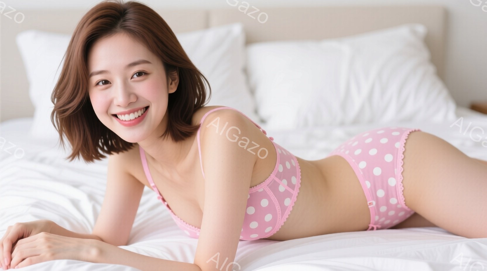 若い女性が白いベッドに横たわっており、ピンク色の水玉模様のランジェリーを着用しています。彼女は明るい笑顔を浮かべ、カメラの方を見ており、リラックスした表情をしています。背景は白いシーツと枕で、全体的に - AI生成フリー素材