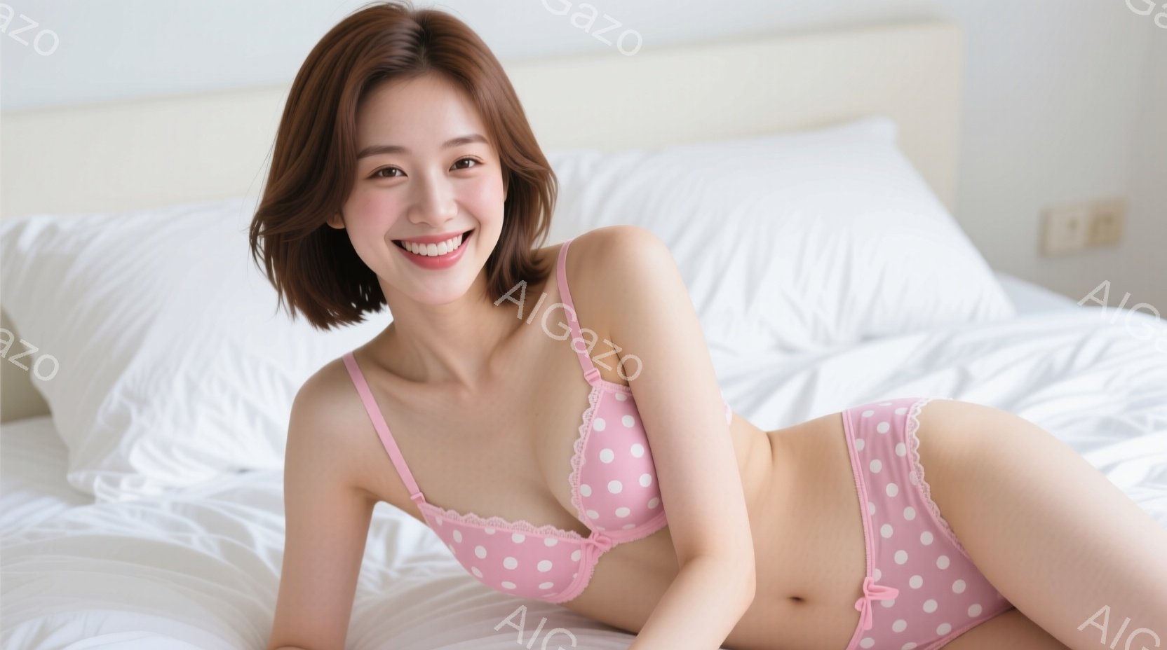 ピンクのドット柄のランジェリーを着た若い女性がベッドに横たわっています。彼女は少し微笑み、リラックスした表情でカメラを見ています。背景は白いベッドシーツと枕で、明るく清潔な雰囲気です。