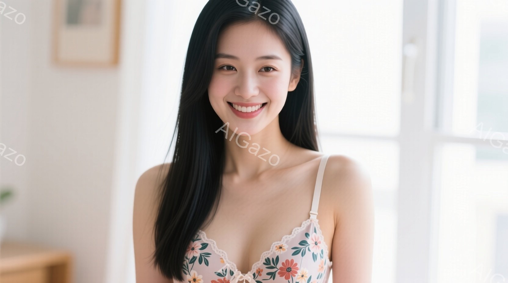 長い黒髪を肩にかける女性が、薄いピンク色の花柄キャミソールを着て微笑んでいます。彼女はカメラに向かって正面を向き、リラックスした姿勢で立っています。背景には白い窓枠と、ぼやけた家具が見え、全体的に明る - AI生成フリー素材
