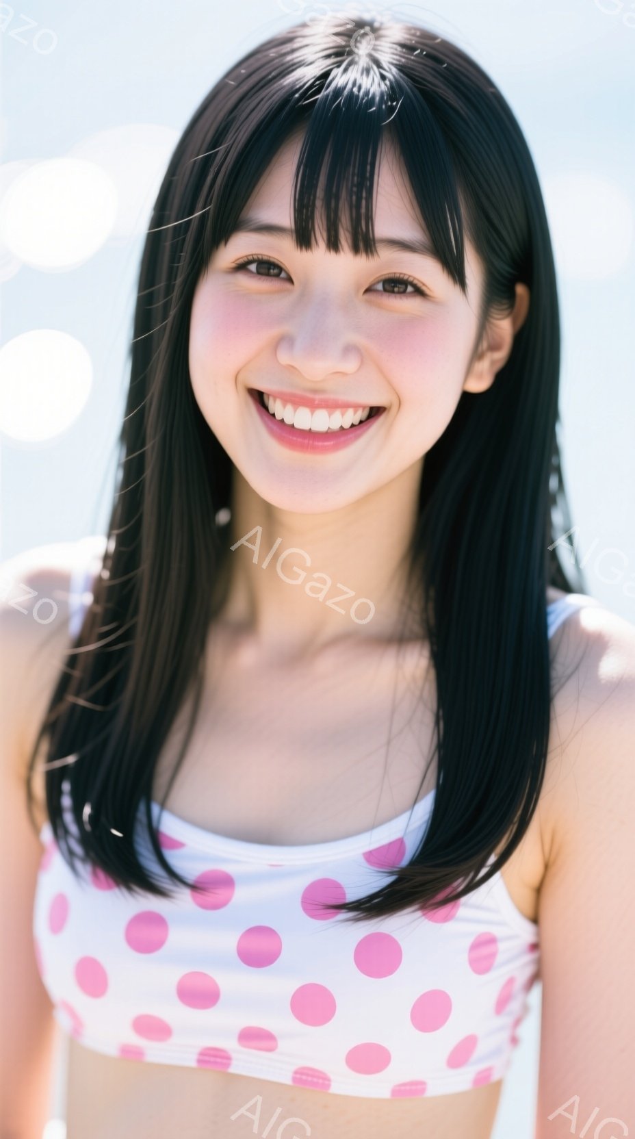 黒髪の女性がピンクの水玉模様のビキニトップを着て、満面の笑みを浮かべています。彼女はストレートヘアで、前髪を少し短くカットしています。背景は白く、日差しが強く、夏らしい爽やかな雰囲気を醸し出しています。