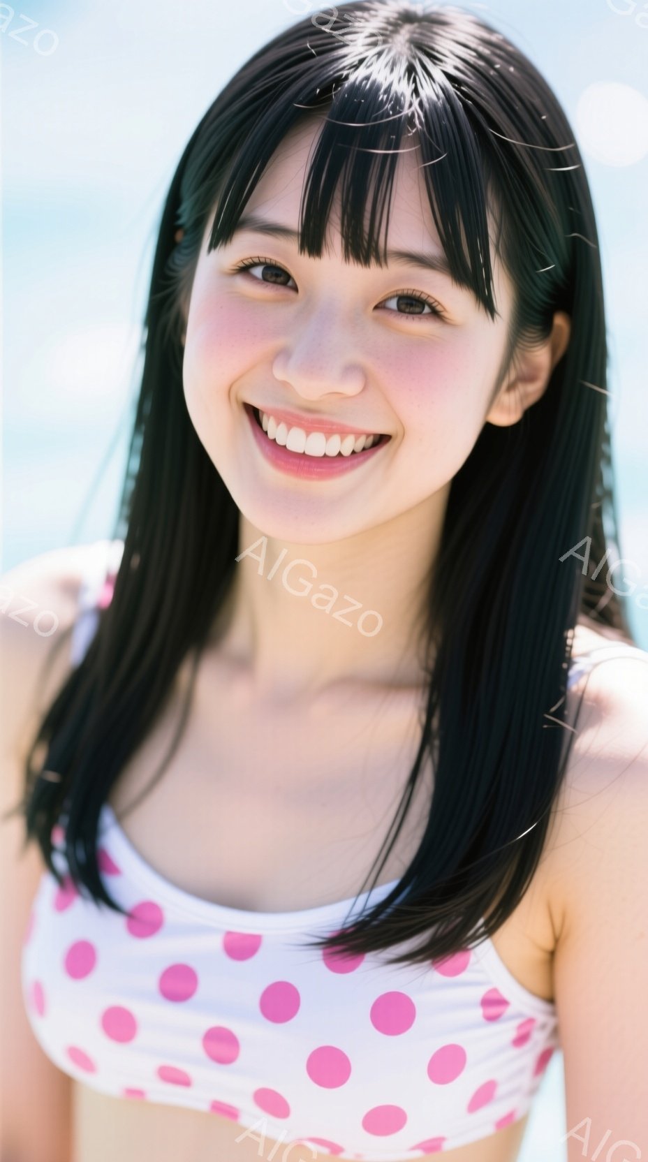 黒髪の女性が、ピンクの水玉模様のビキニを着て、カメラに向かって笑顔でポーズをとっています。彼女は肩までの長さの黒髪で、前髪は眉毛にかかるようにカットされています。背景は青空と水面で、夏の明るく爽やかな - AI生成フリー素材