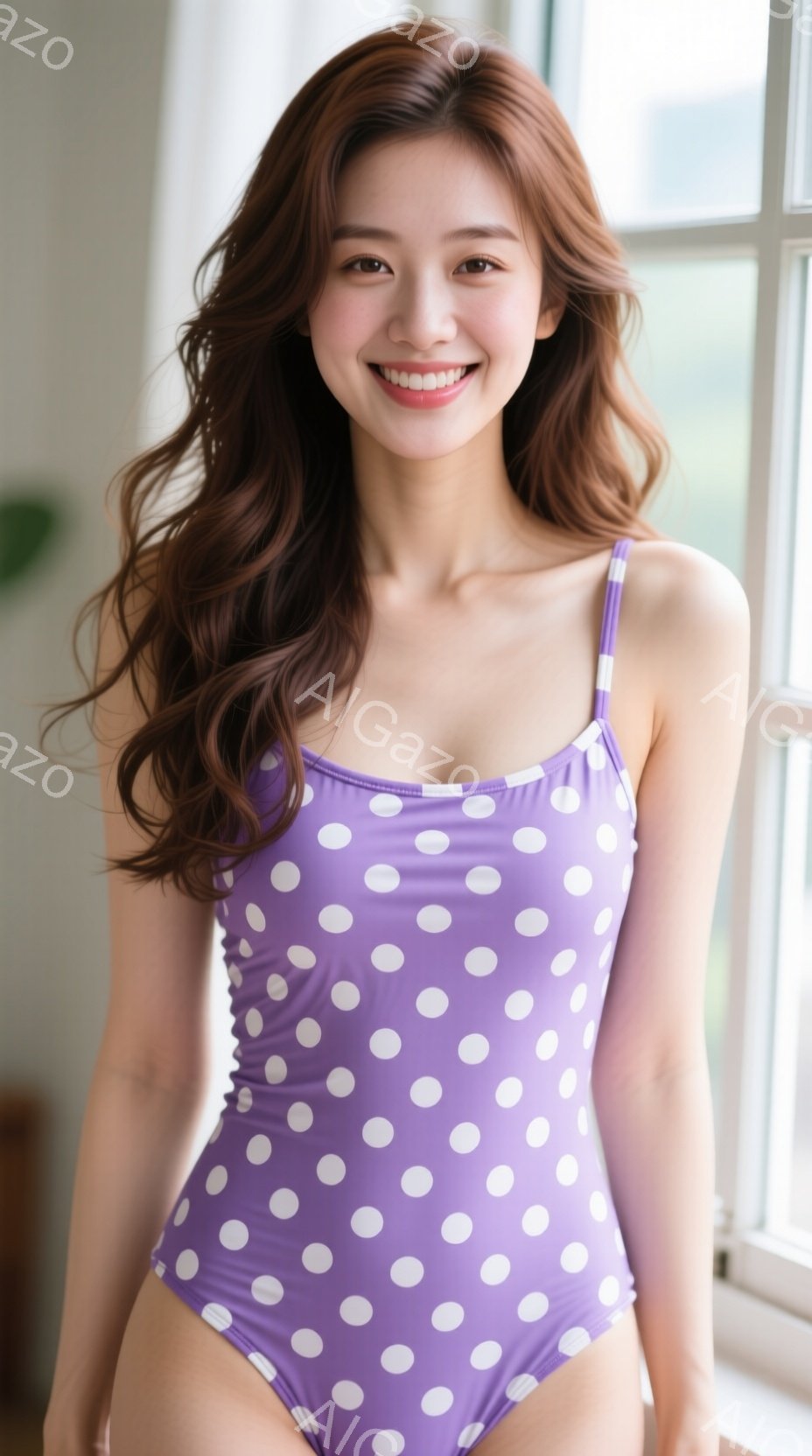 画像は、水玉模様の紫色のワンピース水着を着た女性が写っています。彼女は微笑んでおり、長い茶色の髪は肩にかかっています。背景は窓で、明るい自然光が差し込み、全体的に爽やかで魅力的な雰囲気です。 - AI生成フリー素材