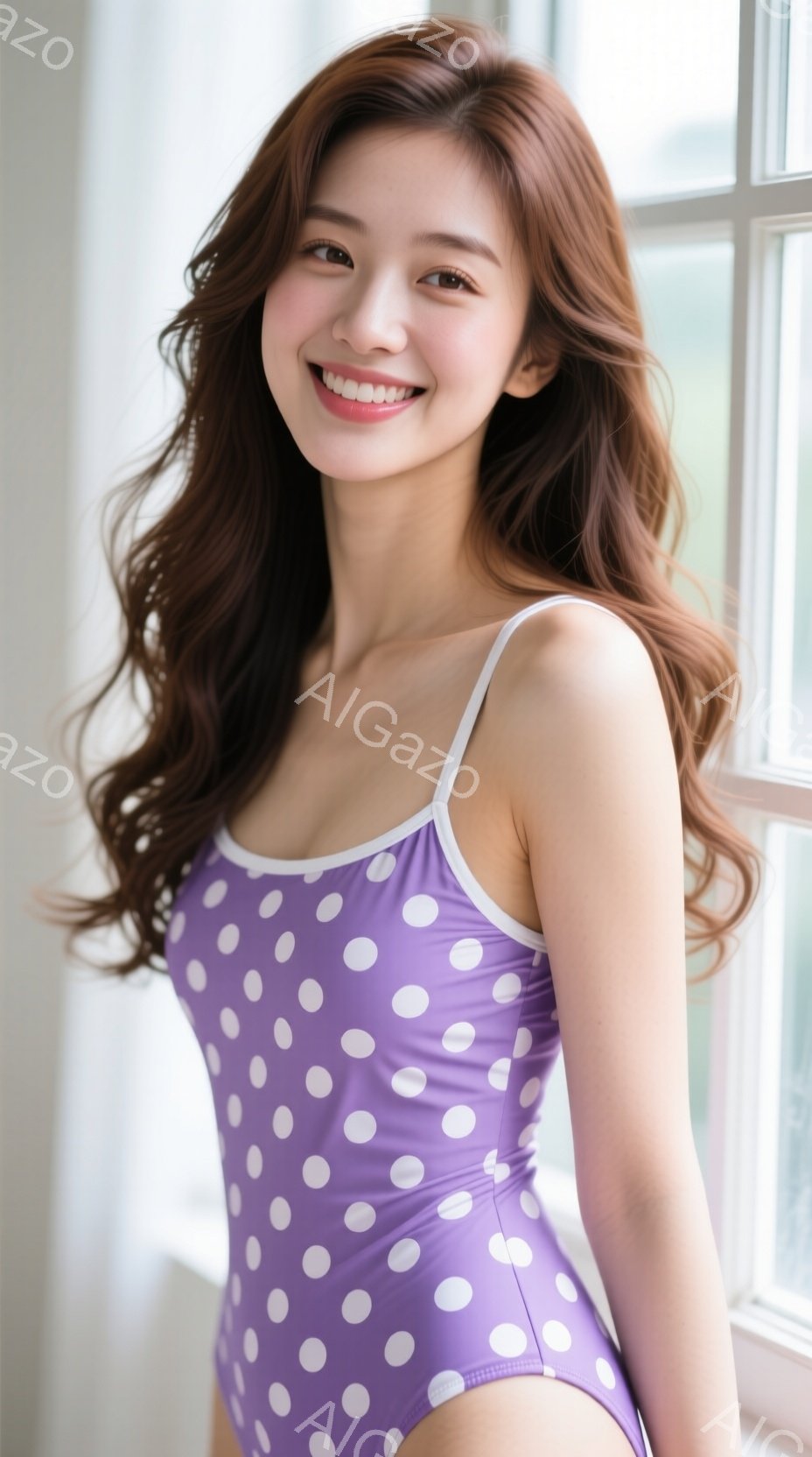 明るい紫色の水玉模様のワンピース水着を着た若い女性が写っています。彼女は長い茶色の髪を軽くカールさせており、微笑みを浮かべています。背景にはぼやけた窓があり、自然光が差し込んで明るい雰囲気を醸し出しています。