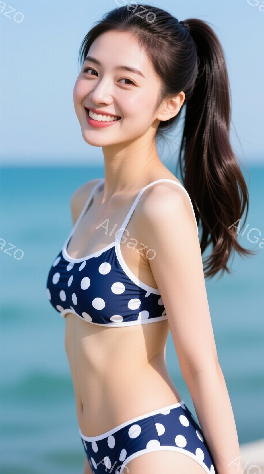 深い青色の水玉模様のビキニを着た若い女性が写っています。彼女は微笑んでおり、長い黒髪を高い位置でポニーテールにしています。背景は穏やかな青い海で、晴れた日差しが差し込み、明るく爽やかな雰囲気を醸し出しています。
