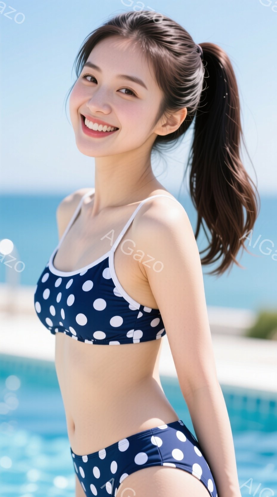 深い青地に白い水玉模様のビキニを着た若い女性が写っています。彼女は微笑んでおり、髪は後ろでポニーテールに結ばれています。背景には青いプールと、ぼやけた白い建物、そして晴れた空が見え、リゾート地の明るく - AI生成フリー素材