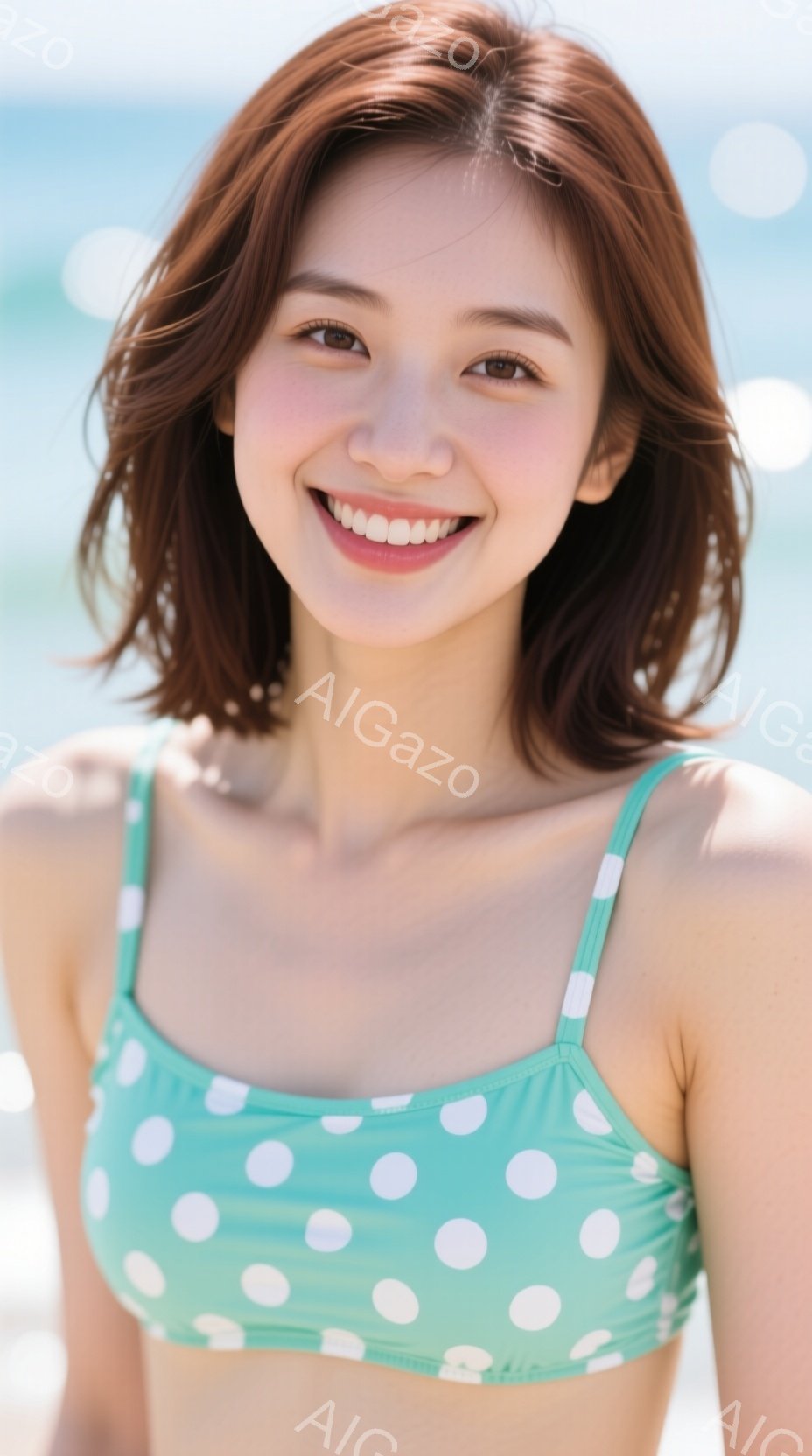 この女性は、水玉模様のターコイズブルーのビキニトップを着て、笑顔でカメラを見ています。肩までかかる茶色の髪は少しカールしており、健康的で若々しい印象を与えます。背景には、晴れた日の穏やかな海が広がっており、明るく開放的な雰囲気を醸し出しています。