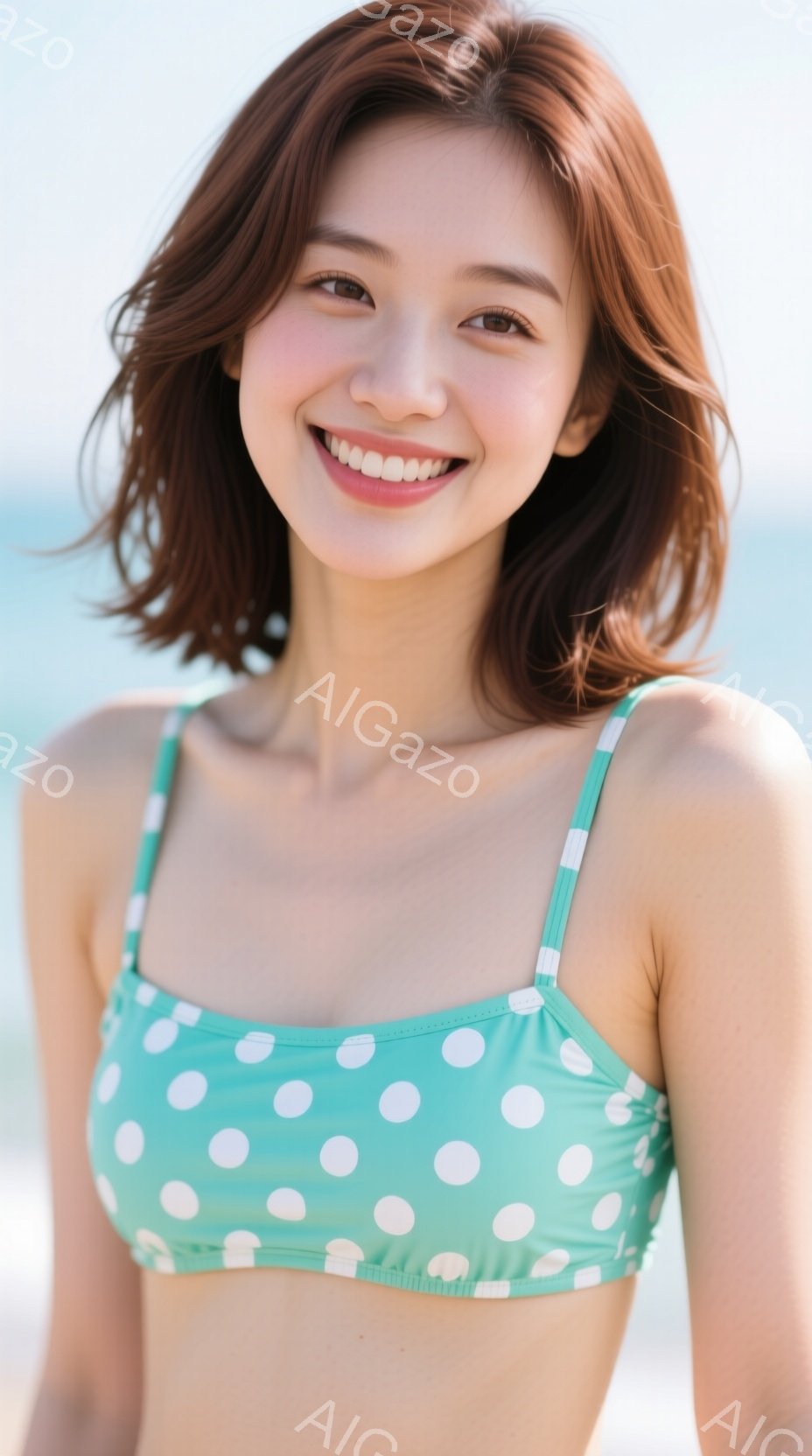 明るい青い水玉模様のビキニトップスを着た若い女性が写っています。彼女は微笑んでいて、茶色の短い髪は肩にかかっています。背景は青い空と海で、晴れた日のリラックスした雰囲気が漂っています。 - AI生成フリー素材