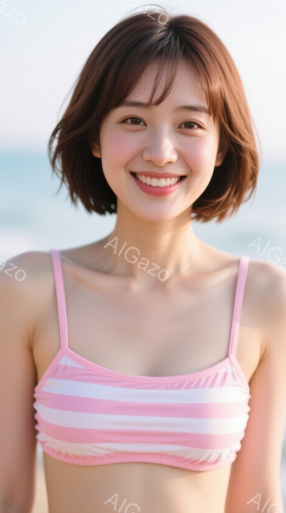明るいピンクと白のストライプのビキニトップを着た若い女性が写っています。彼女は微笑んでおり、茶色のショートヘアは肩にかかっています。背景には、穏やかな水面と青い空が見え、晴れた日のビーチの雰囲気です。 - AI生成フリー素材