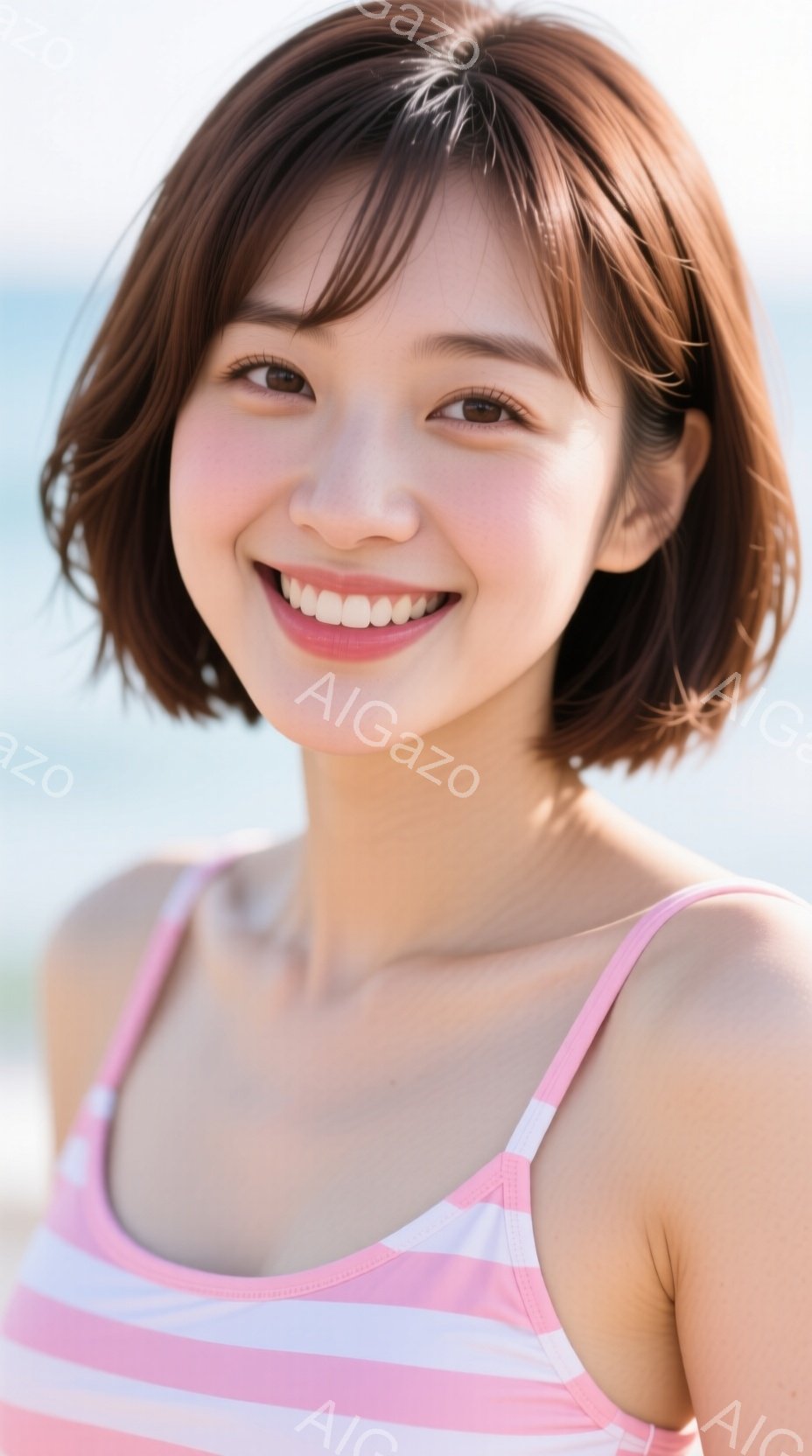 この女性は、ピンクと白のストライプのキャミソールを着ており、短くてウェーブのかかった茶色の髪をしています。彼女はカメラに向かって微笑んでおり、明るく陽気な表情をしています。背景にはぼやけた青い海が見え - AI生成フリー素材