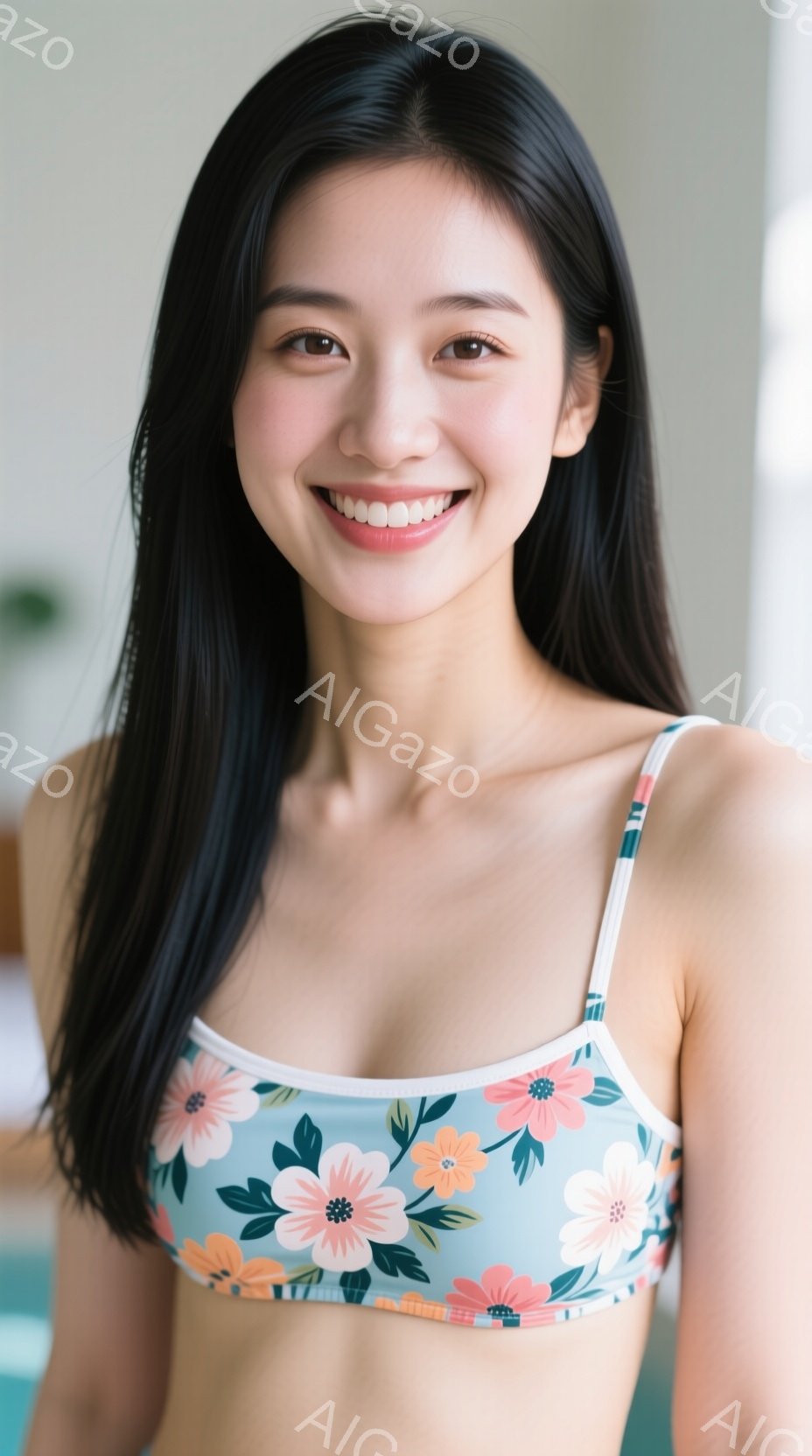明るい笑顔を浮かべた女性が写っている。彼女は花柄のビキニトップを着ており、長い黒髪は肩にかかっている。背景はぼやけているが、水泳プールの縁の一部と薄い緑色の壁が見える。 - AI生成フリー素材