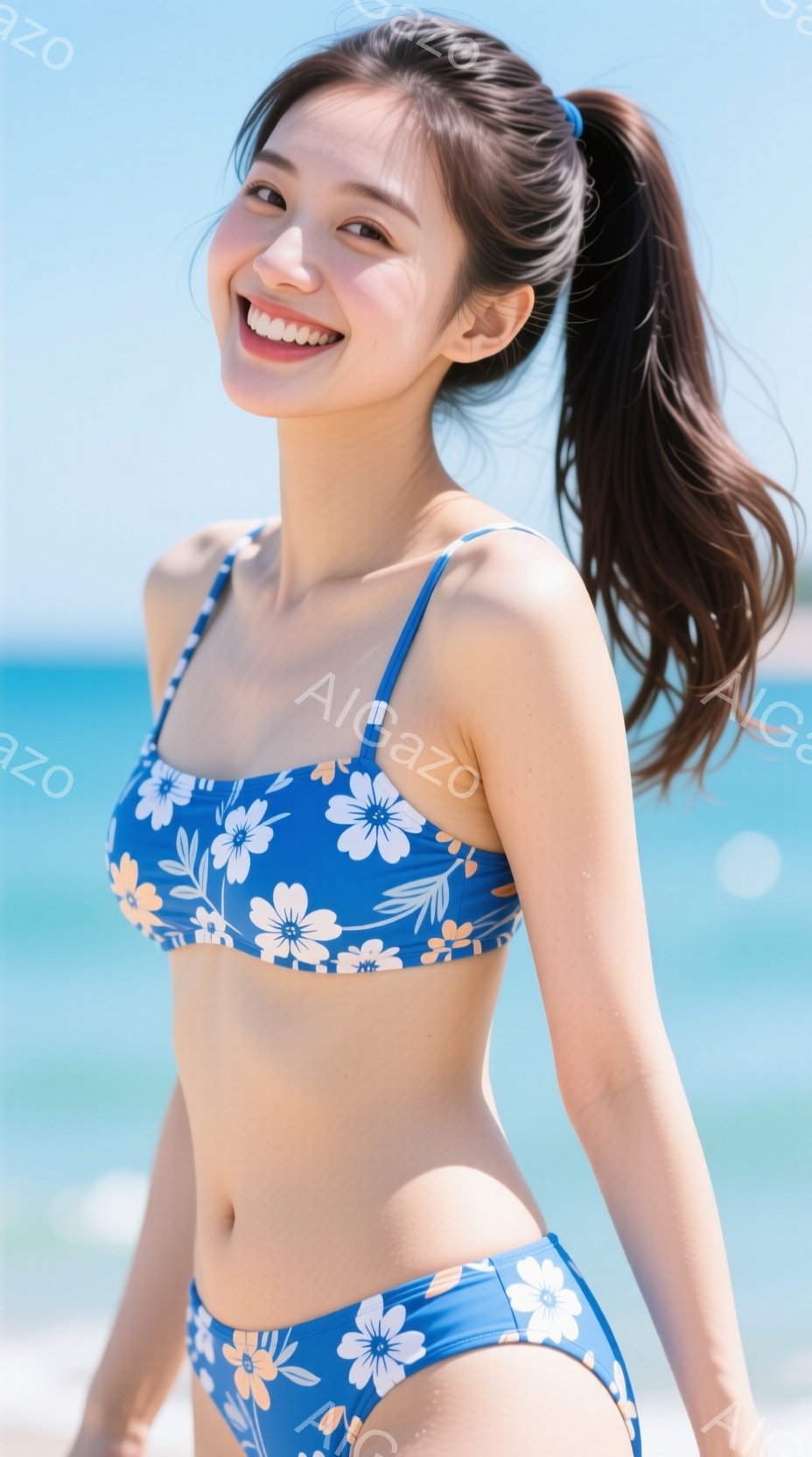 青い花柄のビキニを着た女性が、ビーチで微笑んでいます。彼女は黒い長い髪をポニーテールにし、少し体をひねってカメラ目線で、リラックスした様子です。背景は青い海と白い砂浜で、晴れた日の穏やかな雰囲気を醸し - AI生成フリー素材