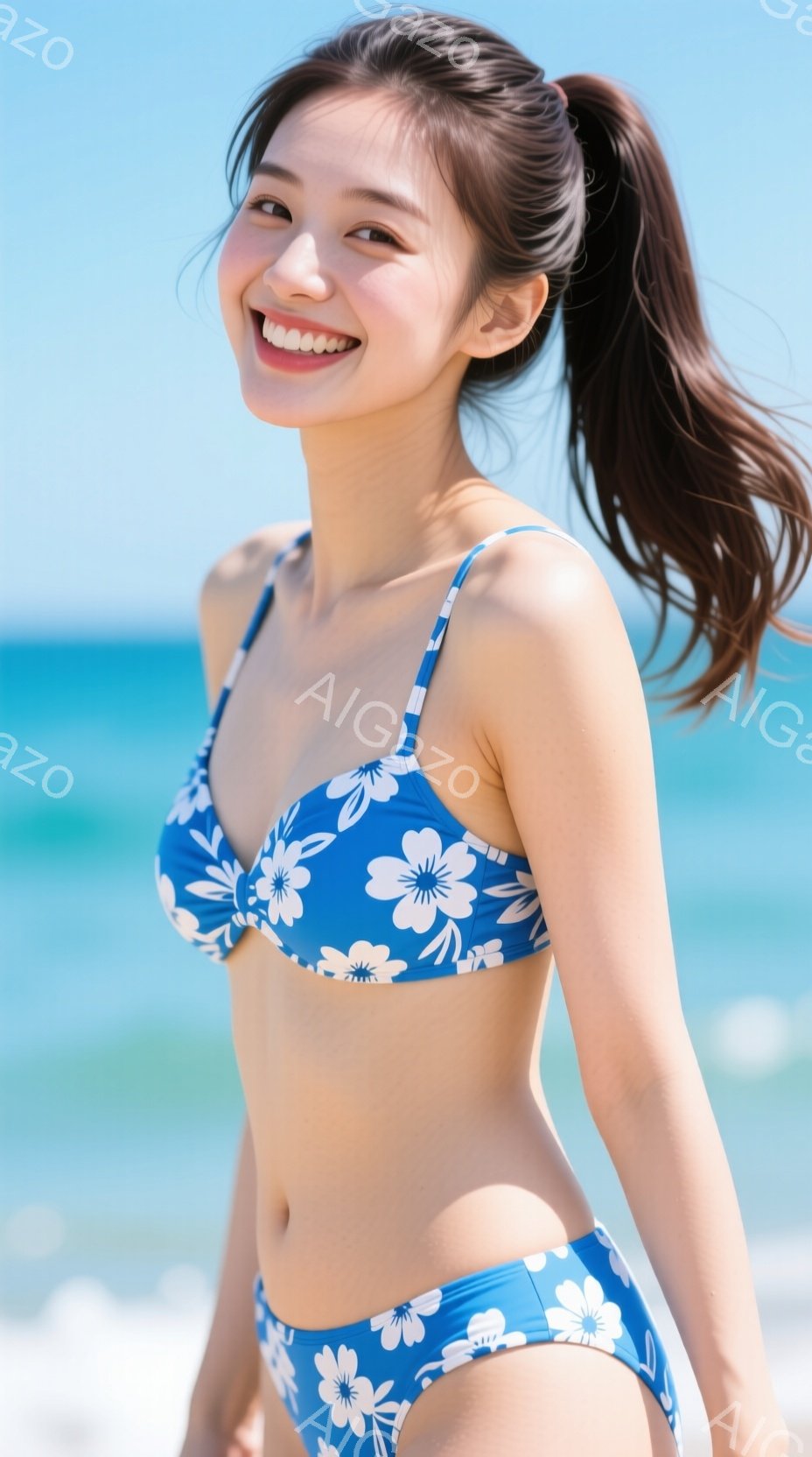鮮やかな青色の花柄のビキニを着た女性が写っています。彼女は少し微笑んでおり、髪は後ろで高いポニーテールに結ばれています。背景は青い空と海で、晴天のビーチでリラックスした雰囲気が漂っています。 - AI生成フリー素材