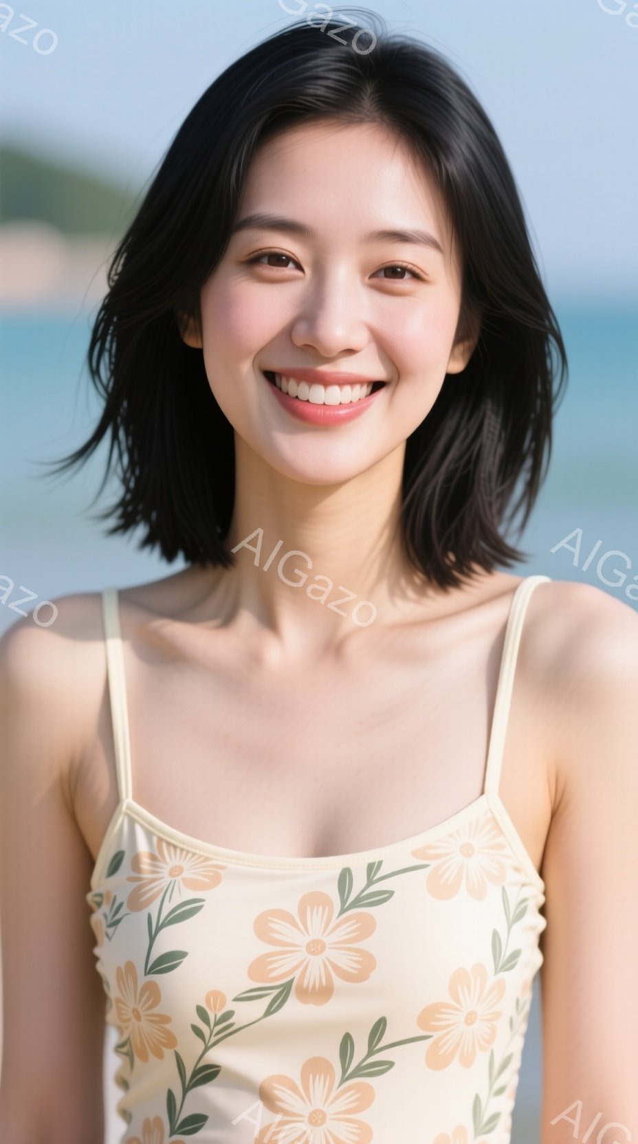 明るいクリーム色の花柄ワンピースを着た若い女性が写っています。彼女は肩までの長さの黒髪で、穏やかな笑顔を浮かべています。背景は穏やかな海と空で、晴れた日のリラックスした雰囲気が漂っています。 - AI生成フリー素材