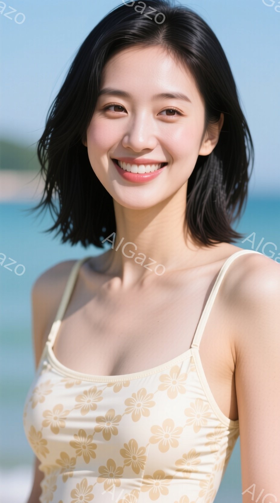 明るい笑顔を浮かべた若い女性が写っている。クリーム色の花柄のキャミソールワンピースを着ており、黒髪は肩にかかる長さで、自然なウェーブがかかっている。背景には青い海と空が広がり、晴れた日のビーチの穏やか - AI生成フリー素材