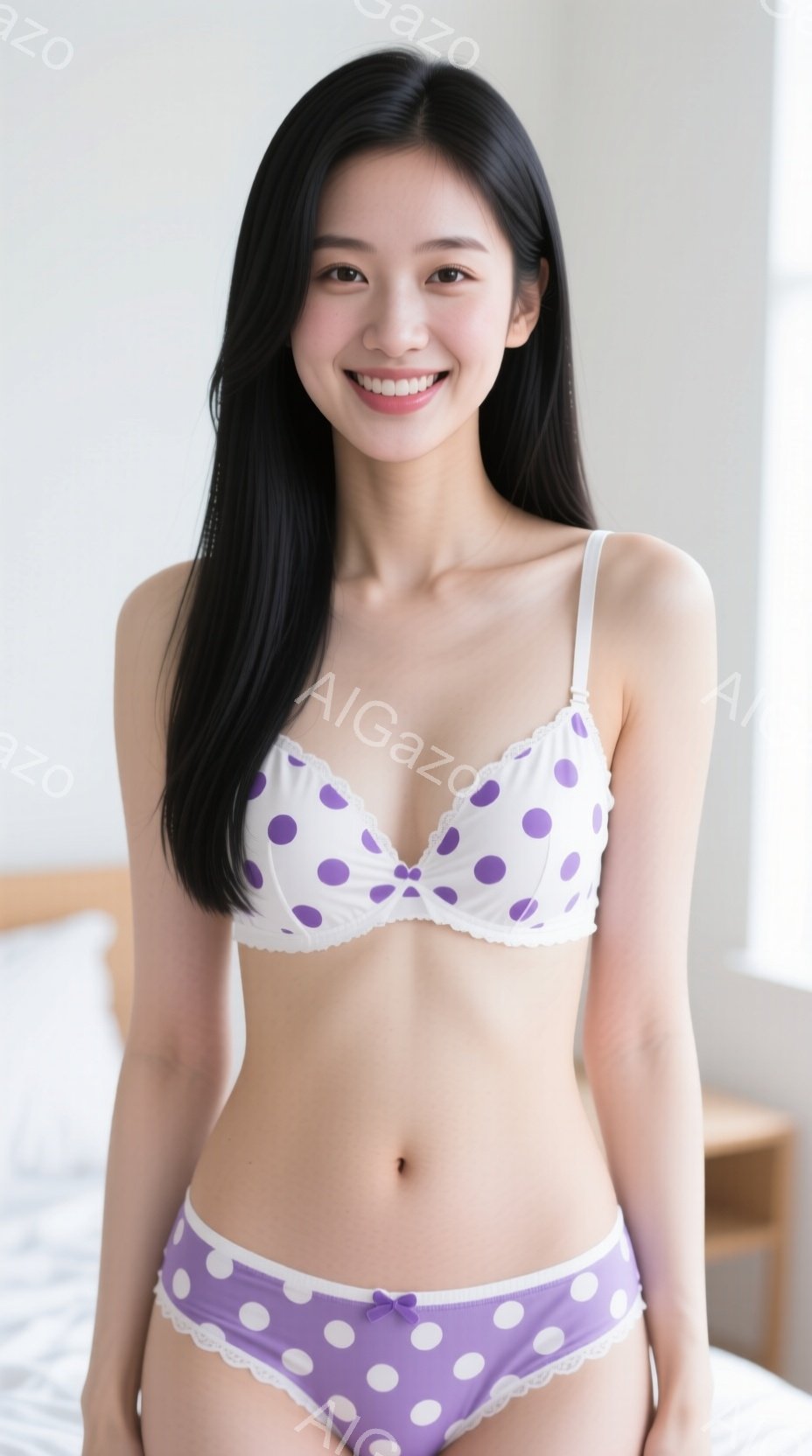 長い黒髪をストレートに伸ばした女性が、白い水玉模様の紫色のブラジャーとショーツ姿で立っている。彼女は微笑んでおり、姿勢はまっすぐで、リラックスした様子が伺える。背景はぼかされており、ベッドの一部と木製 - AI生成フリー素材