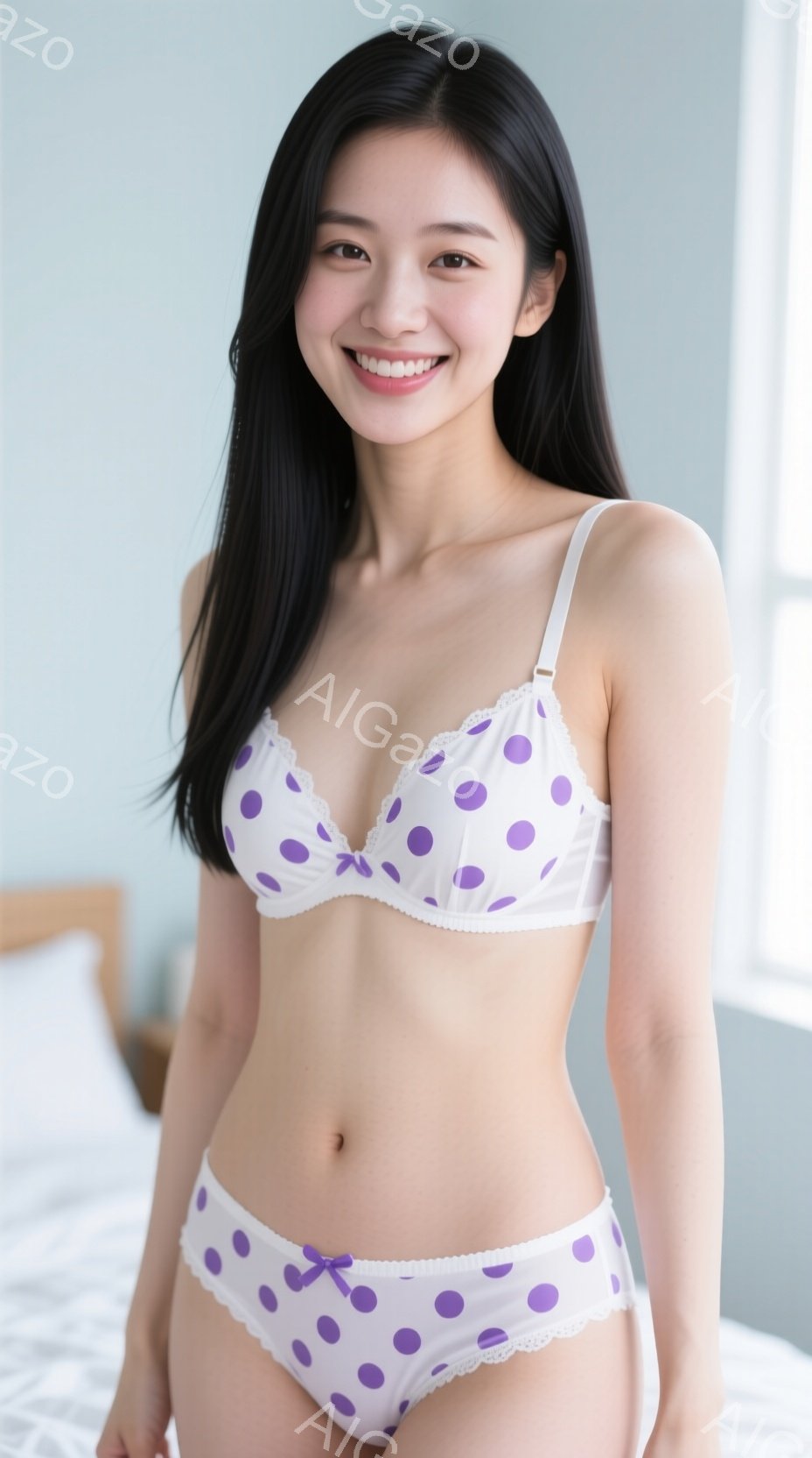 長い黒髪の女性が、白い水玉模様のブラジャーとショーツを身につけて立っています。彼女は微笑んでおり、リラックスした姿勢でカメラを見ています。背景は明るい室内で、ベッドの一部が見えます。 - AI生成フリー素材