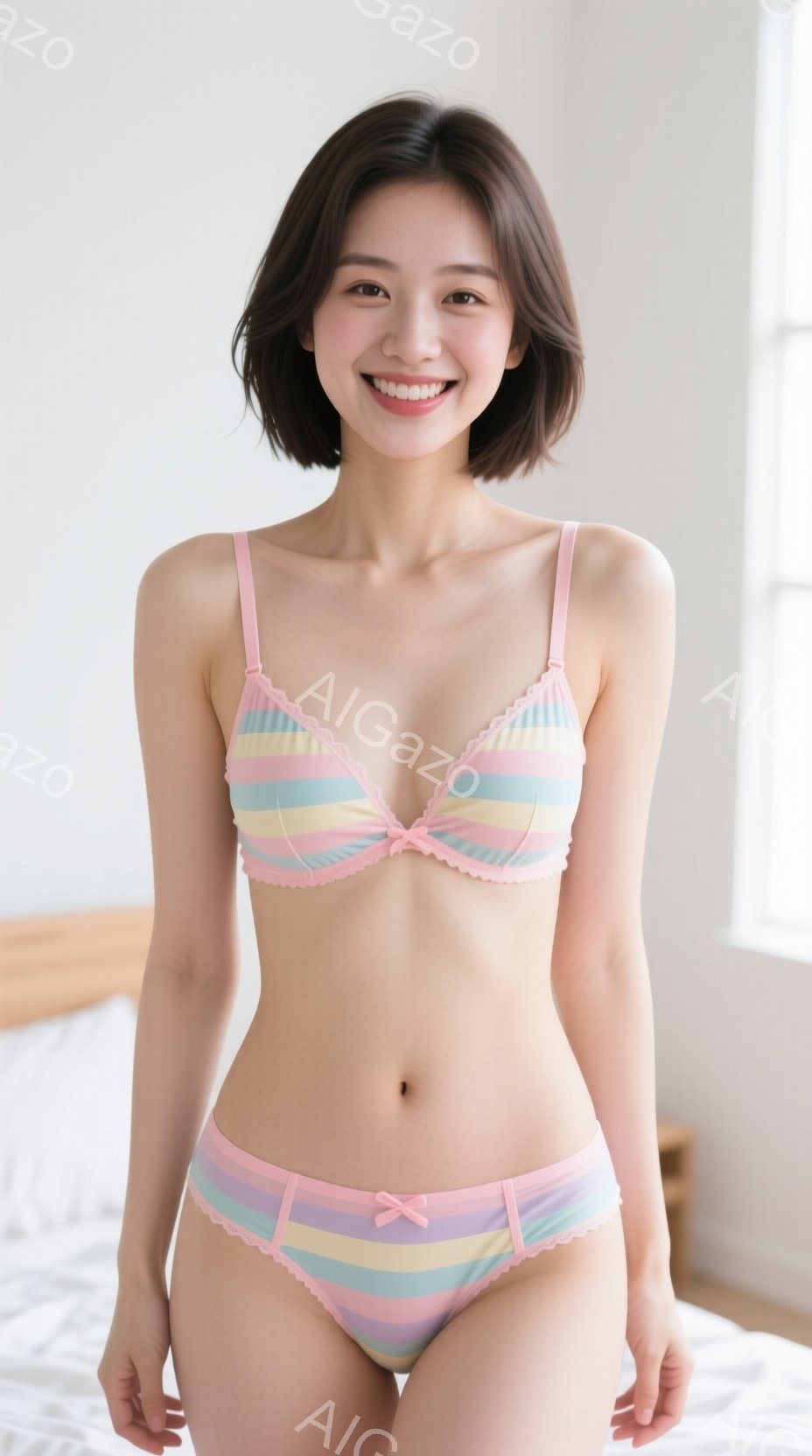 若い女性がストライプ柄のピンク、紫、水色のランジェリーセット（ブラジャーとパンティー）を身に着けて立っています。彼女は肩までの長さの黒髪で、微笑んでおり、自信に満ちた表情をしています。背景は白いベッド - AI生成フリー素材