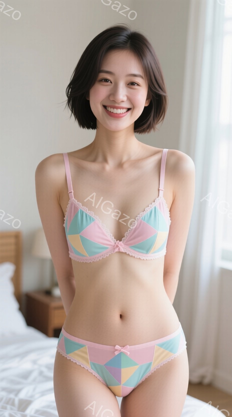 明るい笑顔の若い女性が、パステルカラーのパッチワーク柄のブラとショーツを着用して立っています。彼女は短い黒髪で、リラックスしたポーズでカメラに向かって微笑んでいます。背景には白いベッドとサイドテーブル - AI生成フリー素材